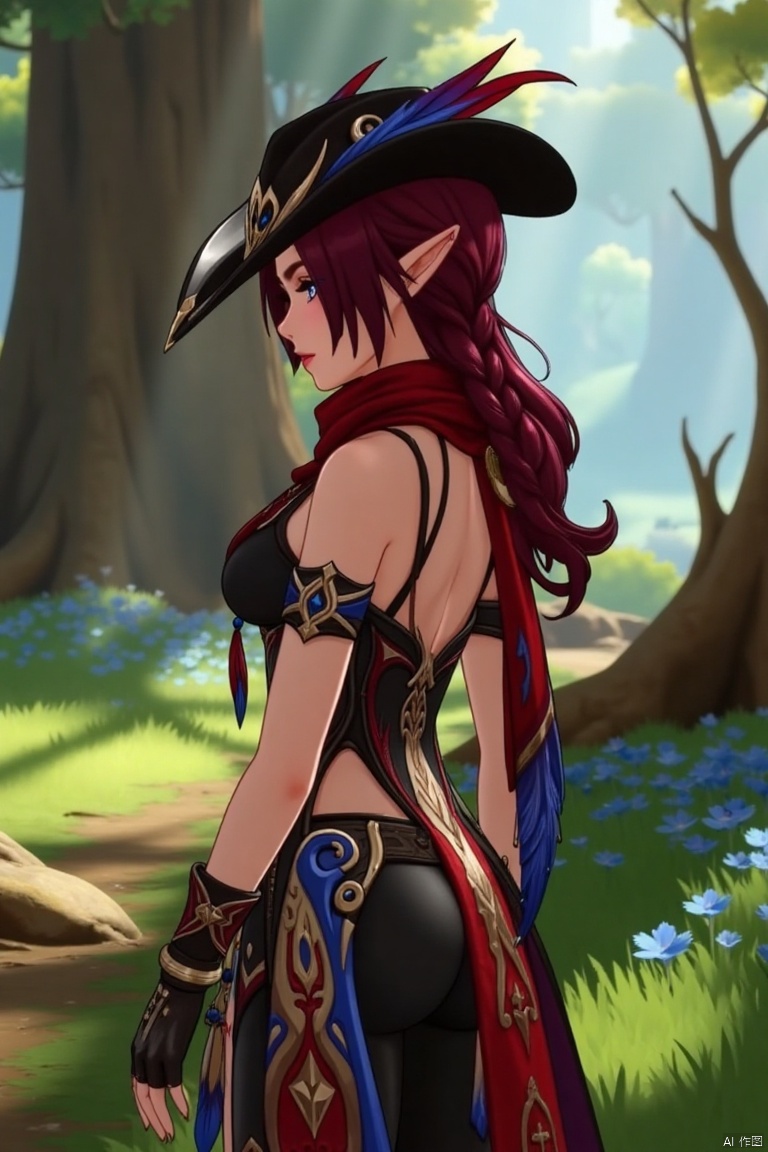 A beautiful female elf with long, wavy maroon hair tied in a braid, standing in a forest glade. She wears a stylish black hat adorned with blue and red feathers, a red scarf, and a revealing, intricately designed black and red outfit with blue accents. The scene is softly lit by dappled sunlight, highlighting her graceful pose and the intricate details of her attire.
