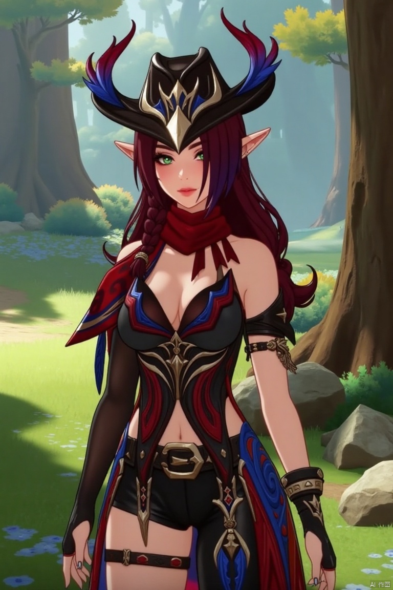 A beautiful female elf with long, wavy maroon hair tied in a braid, standing in a forest glade. She wears a stylish black hat with blue and red feathers, a red scarf, and a revealing, intricately designed black and red outfit with blue accents. The scene is softly lit by dappled sunlight, highlighting her graceful pose and the intricate details of her attire.