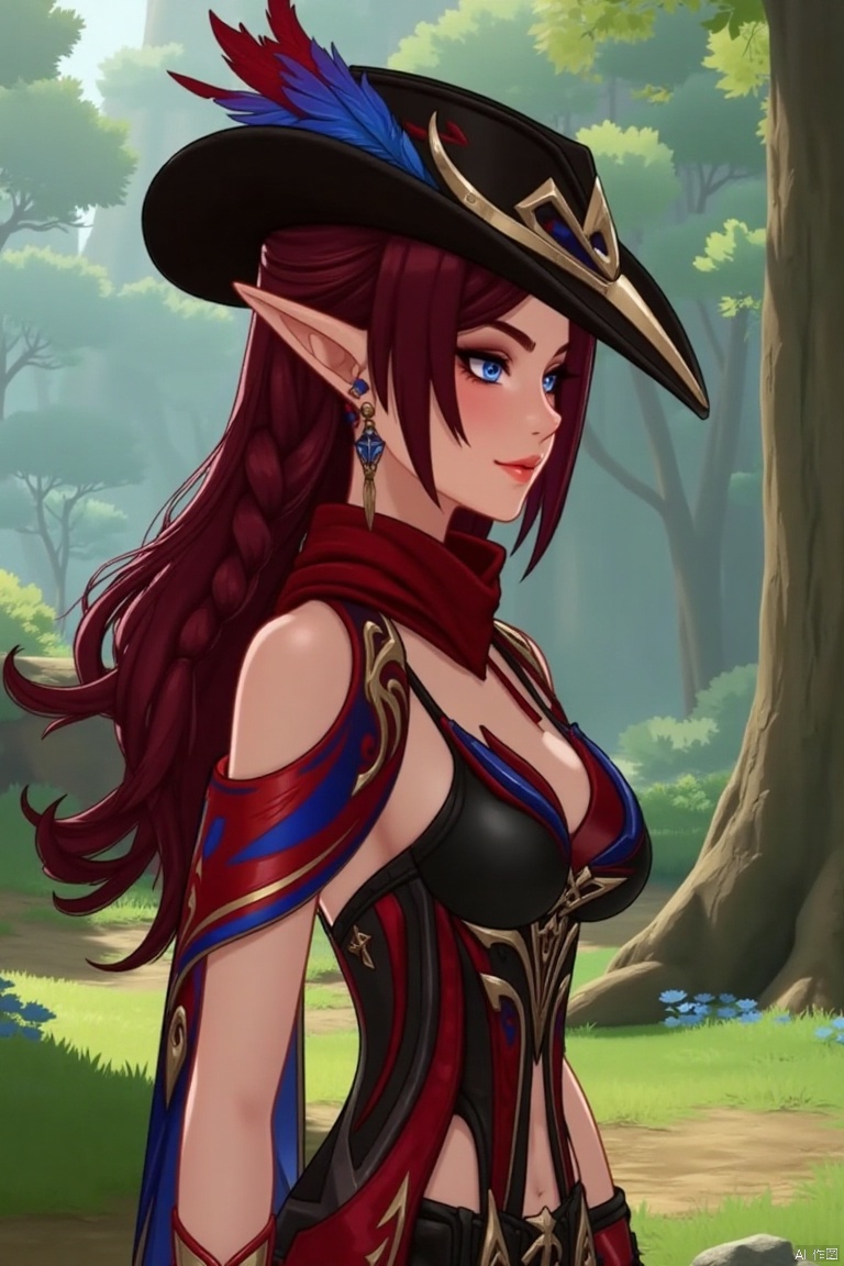 A beautiful female elf with long, wavy maroon hair tied in a braid, standing elegantly in a forest glade. She wears a stylish black hat adorned with blue and red feathers, a red scarf draped around her neck, and a revealing, intricately designed black and red outfit with blue accents. The scene is softly lit by dappled sunlight, highlighting her graceful pose and the intricate details of her attire.