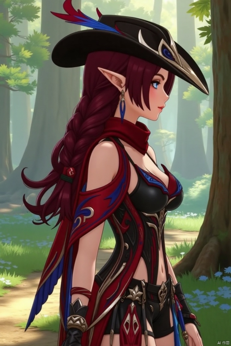 A beautiful female elf with long, wavy maroon hair tied in a braid, standing in a forest glade. She wears a stylish black hat adorned with blue and red feathers, a red scarf, and a revealing, intricately designed black and red outfit with blue accents. The scene is softly lit by dappled sunlight, highlighting her graceful pose and the intricate details of her attire.