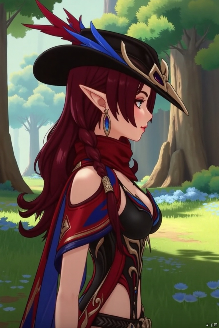 A beautiful female elf with long, wavy maroon hair tied in a braid, standing in a forest glade. She wears a stylish black hat with blue and red feathers, a red scarf, and a revealing, intricately designed black and red outfit with blue accents. The scene is softly lit by dappled sunlight, highlighting her graceful pose and the intricate details of her attire.