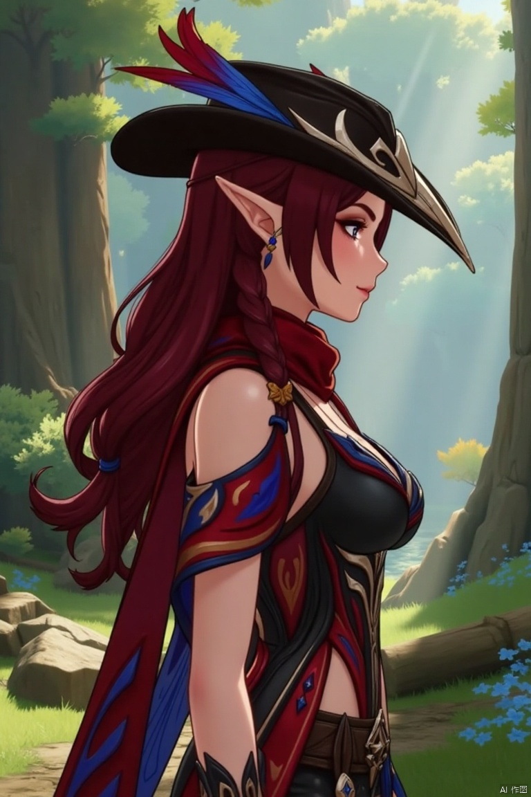 A beautiful female elf with long, wavy maroon hair tied in a braid, standing in a forest glade. She wears a stylish black hat with blue and red feathers, a red scarf, and a revealing, intricately designed black and red outfit with blue accents. The scene is softly lit by dappled sunlight, highlighting her graceful pose and the intricate details of her attire.