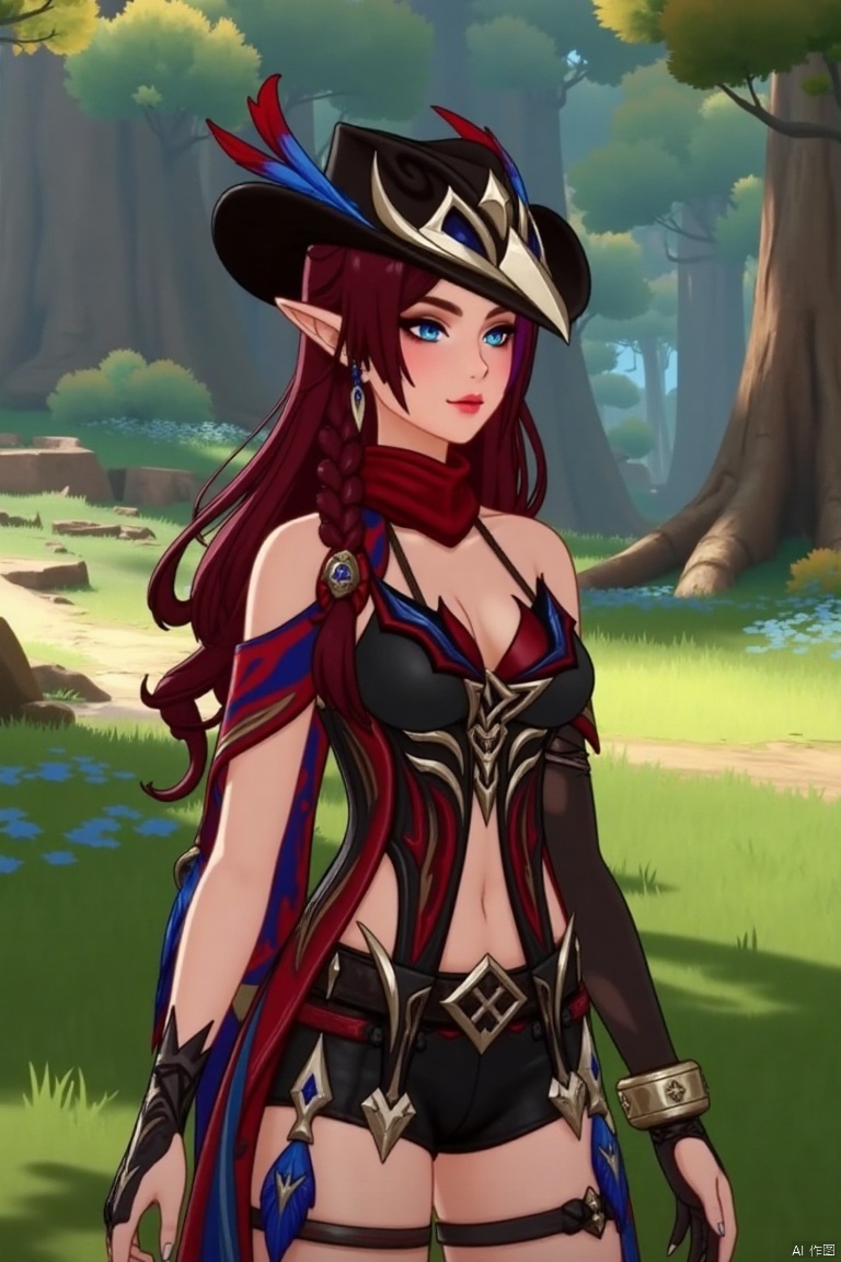 A beautiful female elf with long, wavy maroon hair tied in a braid, standing elegantly in a forest glade. She wears a stylish black hat adorned with blue and red feathers, a red scarf draped around her neck, and a revealing, intricately designed black and red outfit with blue accents. The scene is softly lit by dappled sunlight, highlighting her graceful pose and the intricate details of her attire.