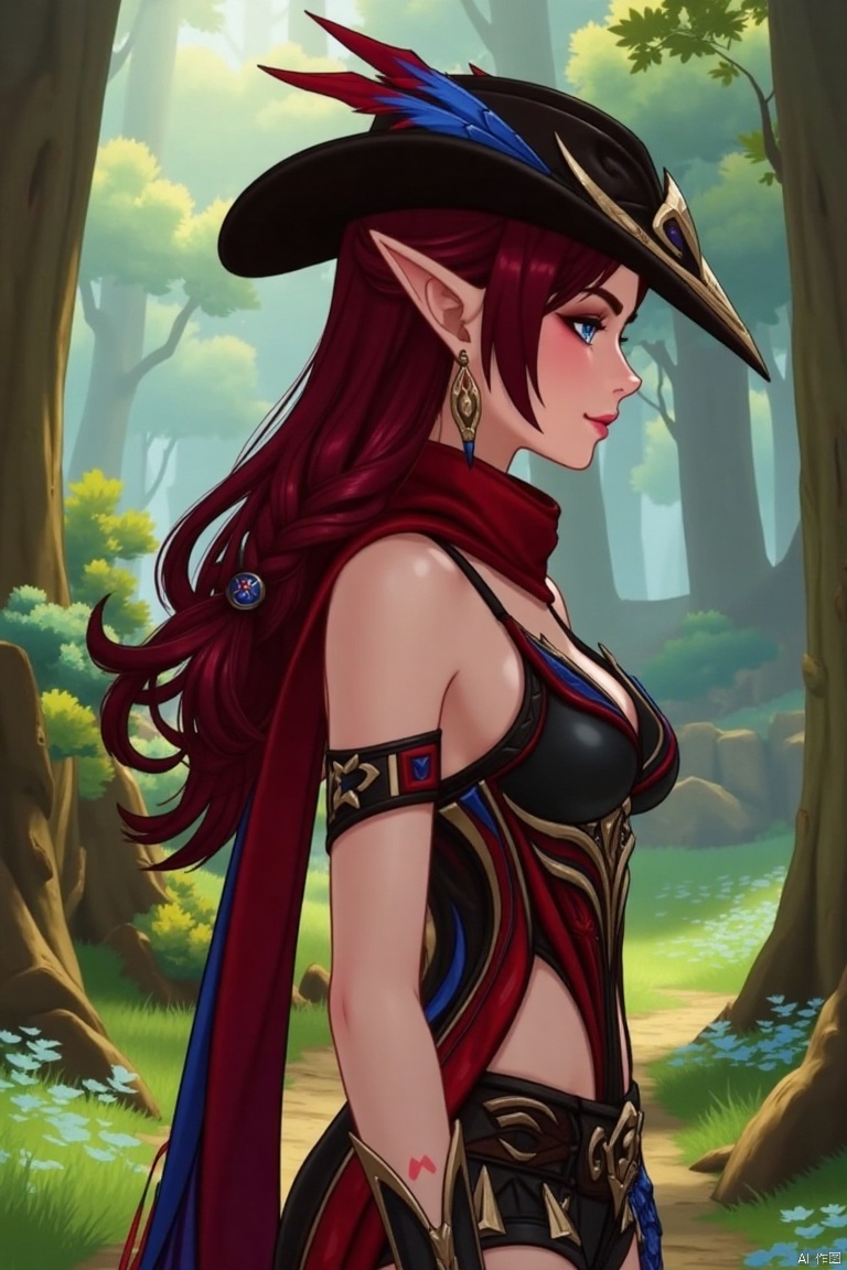 A beautiful female elf with long, wavy maroon hair tied in a braid, standing in a forest glade. She wears a stylish black hat adorned with blue and red feathers, a red scarf, and a revealing, intricately designed black and red outfit with blue accents. The scene is softly lit by dappled sunlight, highlighting her graceful pose and the intricate details of her attire.