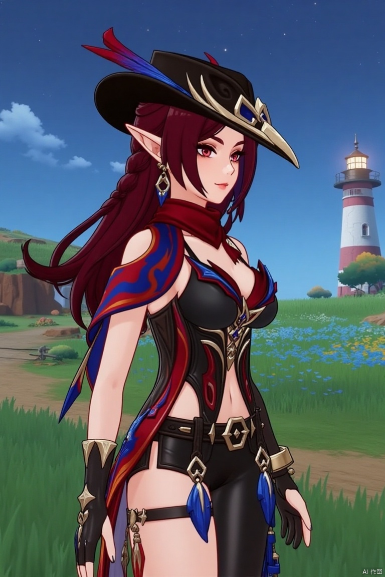A beautiful female elf with long, wavy maroon hair tied in a braid, wearing a stylish black hat adorned with blue and red feathers, a red scarf, and a revealing, intricately designed black and red outfit with blue accents. She stands confidently in a pastoral scene with green grass, blooming plants, and a distant lighthouse against a starry night sky.