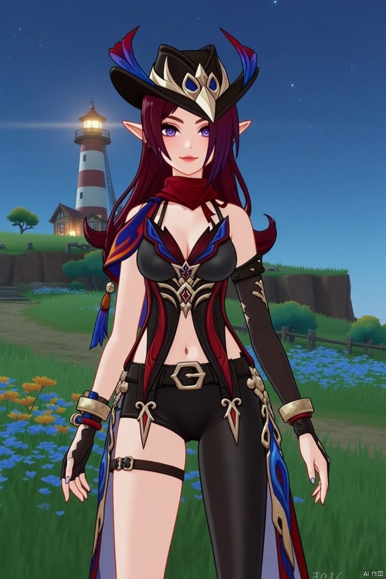 A beautiful female elf with long, wavy maroon hair tied in a braid, wearing a stylish black hat with blue and red feathers, a red scarf, and a revealing, intricately designed black and red outfit with blue accents. She stands confidently in front of a pastoral scene with green grass, blooming plants, and a distant lighthouse against a starry night sky. The text theme AGlong appears at the bottom of the screen.