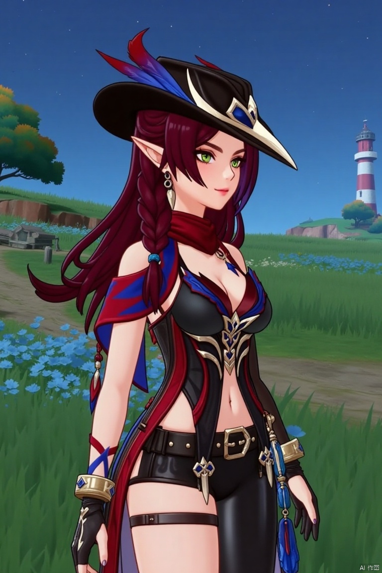 A beautiful female elf with long, wavy maroon hair tied in a braid, wearing a stylish black hat adorned with blue and red feathers, a red scarf, and a revealing, intricately designed black and red outfit with blue accents. She stands confidently in a pastoral scene with green grass, blooming plants, and a distant lighthouse against a starry night sky.