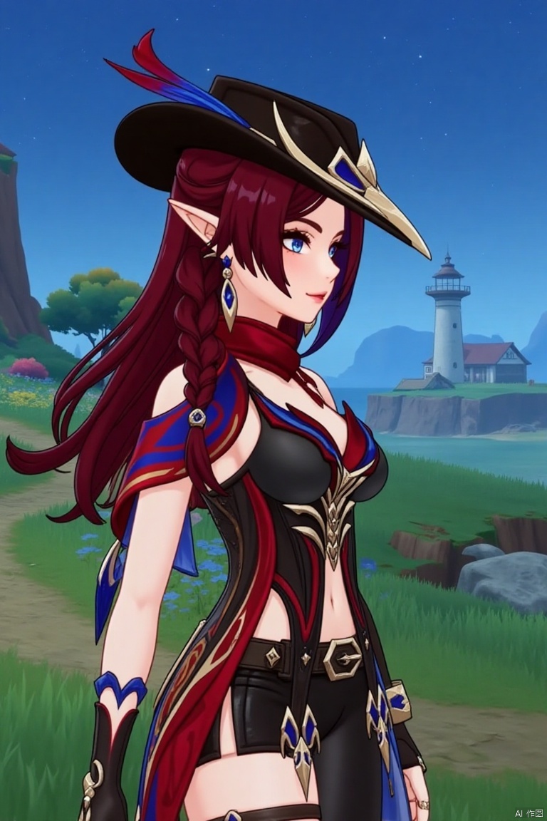 A beautiful female elf with long, wavy maroon hair tied in a braid, wearing a stylish black hat with blue and red feathers, a red scarf, and a revealing, intricately - designed black and red outfit with blue accents. She stands in front of a pastoral scene with green grass, blooming plants, and a distant lighthouse against a starry night sky. (一位美丽的女性精灵,有着长长的、波浪状的栗色头发编成辫子,戴着一顶有蓝红羽毛装饰的时尚黑帽,围着红色围巾,穿着一套露肤且设计复杂的黑红相间并带有蓝色点缀的服装。她站在一幅田园风光前,绿草如茵,繁花盛开,远处有一座灯塔,背景是繁星点点的夜空。)qsk,The text theme "AGlong" appears at the bottom of the screen,