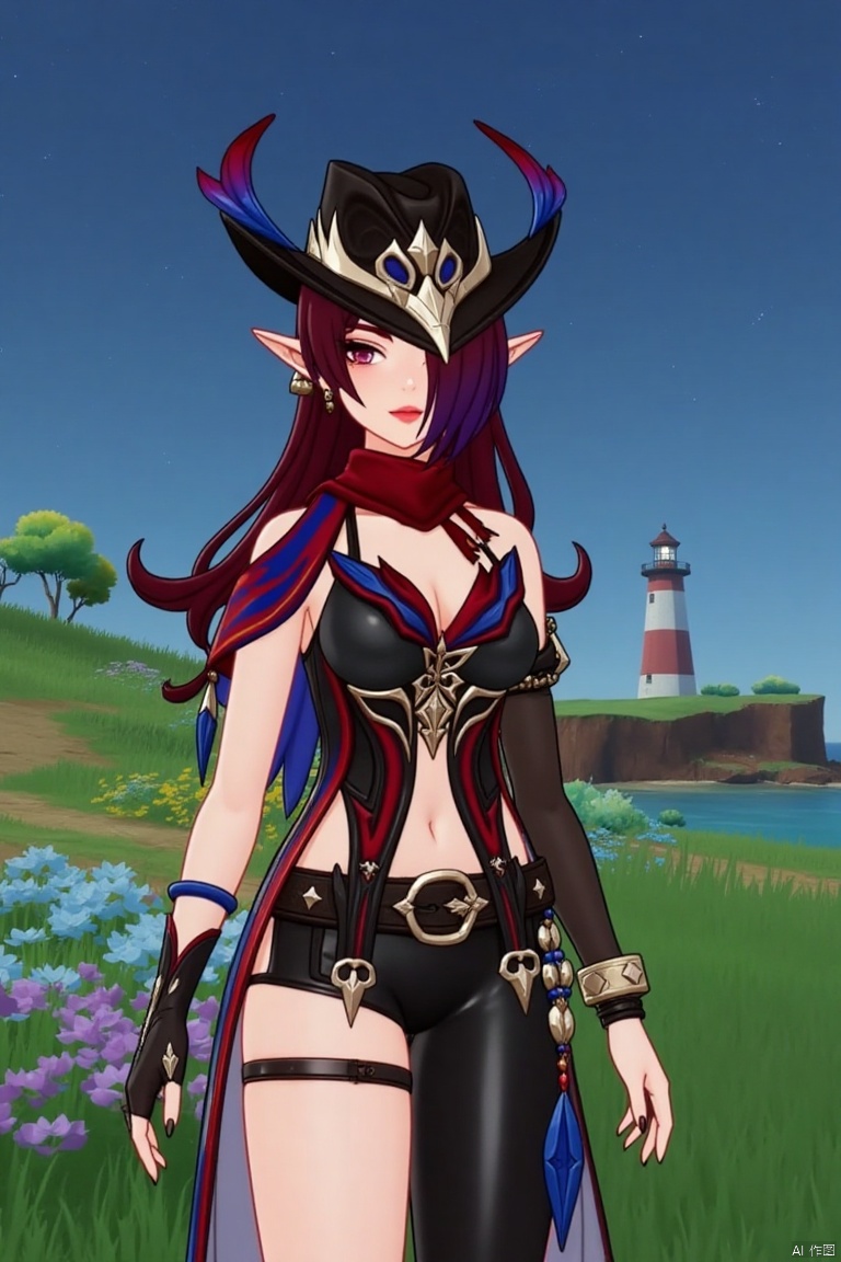 A beautiful female elf with long, wavy maroon hair tied in a braid, wearing a stylish black hat adorned with blue and red feathers, a red scarf, and a revealing, intricately designed black and red outfit with blue accents. She stands confidently in a pastoral scene with green grass, blooming plants, and a distant lighthouse against a starry night sky.