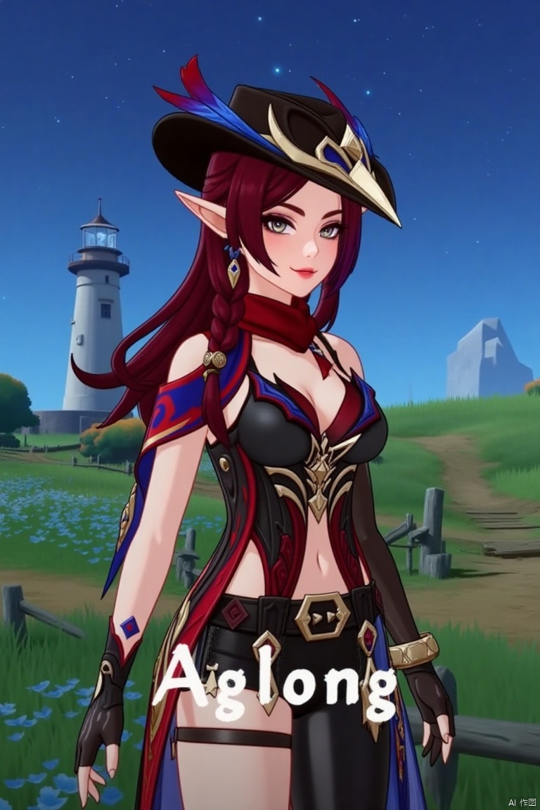 A beautiful female elf with long, wavy maroon hair tied in a braid, wearing a stylish black hat with blue and red feathers, a red scarf, and a revealing, intricately - designed black and red outfit with blue accents. She stands in front of a pastoral scene with green grass, blooming plants, and a distant lighthouse against a starry night sky. (一位美丽的女性精灵,有着长长的、波浪状的栗色头发编成辫子,戴着一顶有蓝红羽毛装饰的时尚黑帽,围着红色围巾,穿着一套露肤且设计复杂的黑红相间并带有蓝色点缀的服装。她站在一幅田园风光前,绿草如茵,繁花盛开,远处有一座灯塔,背景是繁星点点的夜空。)qsk,The text "AGlong" is in the middle below the poster