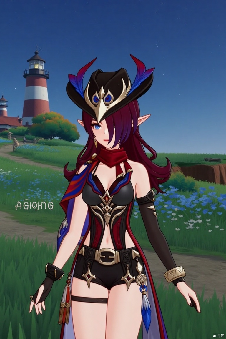 A beautiful female elf with long, wavy maroon hair tied in a braid, wearing a stylish black hat with blue and red feathers, a red scarf, and a revealing, intricately - designed black and red outfit with blue accents. She stands in front of a pastoral scene with green grass, blooming plants, and a distant lighthouse against a starry night sky. (一位美丽的女性精灵,有着长长的、波浪状的栗色头发编成辫子,戴着一顶有蓝红羽毛装饰的时尚黑帽,围着红色围巾,穿着一套露肤且设计复杂的黑红相间并带有蓝色点缀的服装。她站在一幅田园风光前,绿草如茵,繁花盛开,远处有一座灯塔,背景是繁星点点的夜空。)qsk,The text "AGlong" is in the middle below the poster