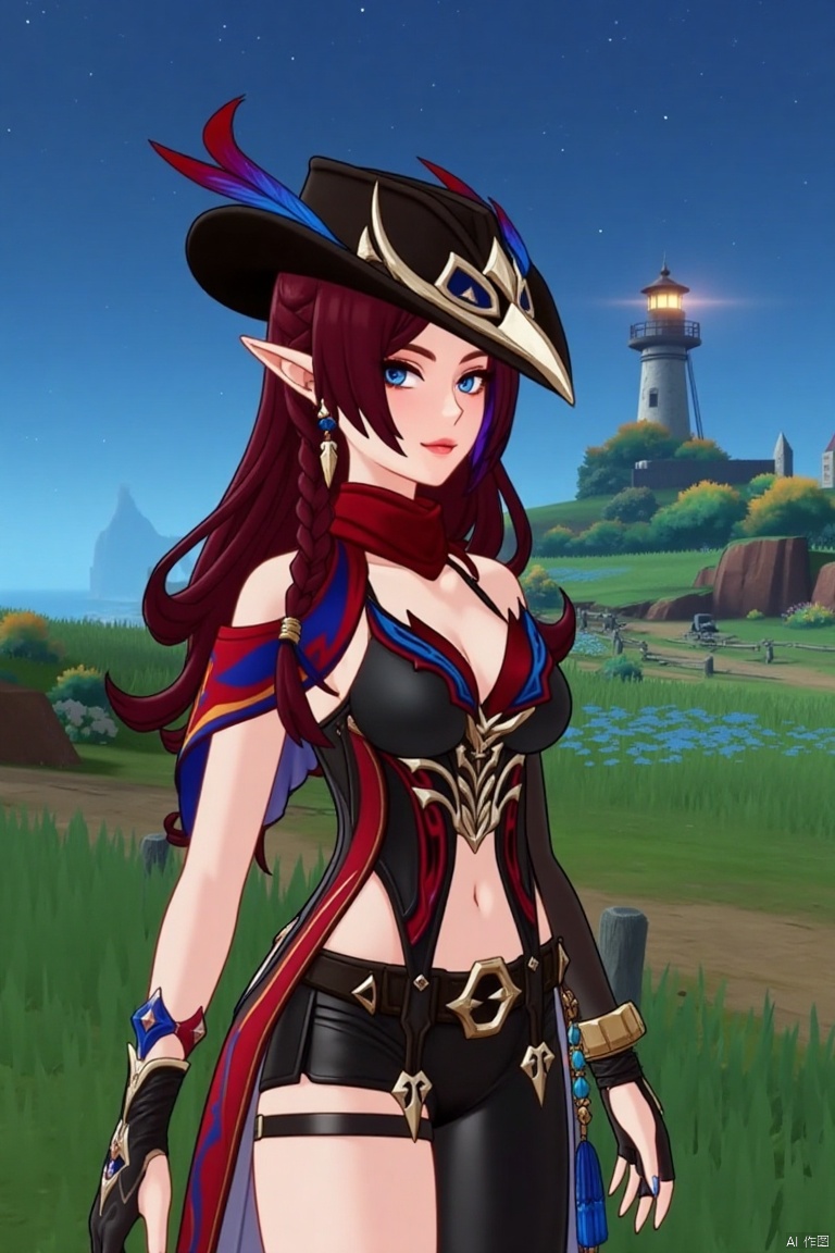 A beautiful female elf with long, wavy maroon hair tied in a braid, wearing a stylish black hat adorned with blue and red feathers, a red scarf, and a revealing, intricately designed black and red outfit with blue accents. She stands confidently in a pastoral scene with green grass, blooming plants, and a distant lighthouse against a starry night sky.
