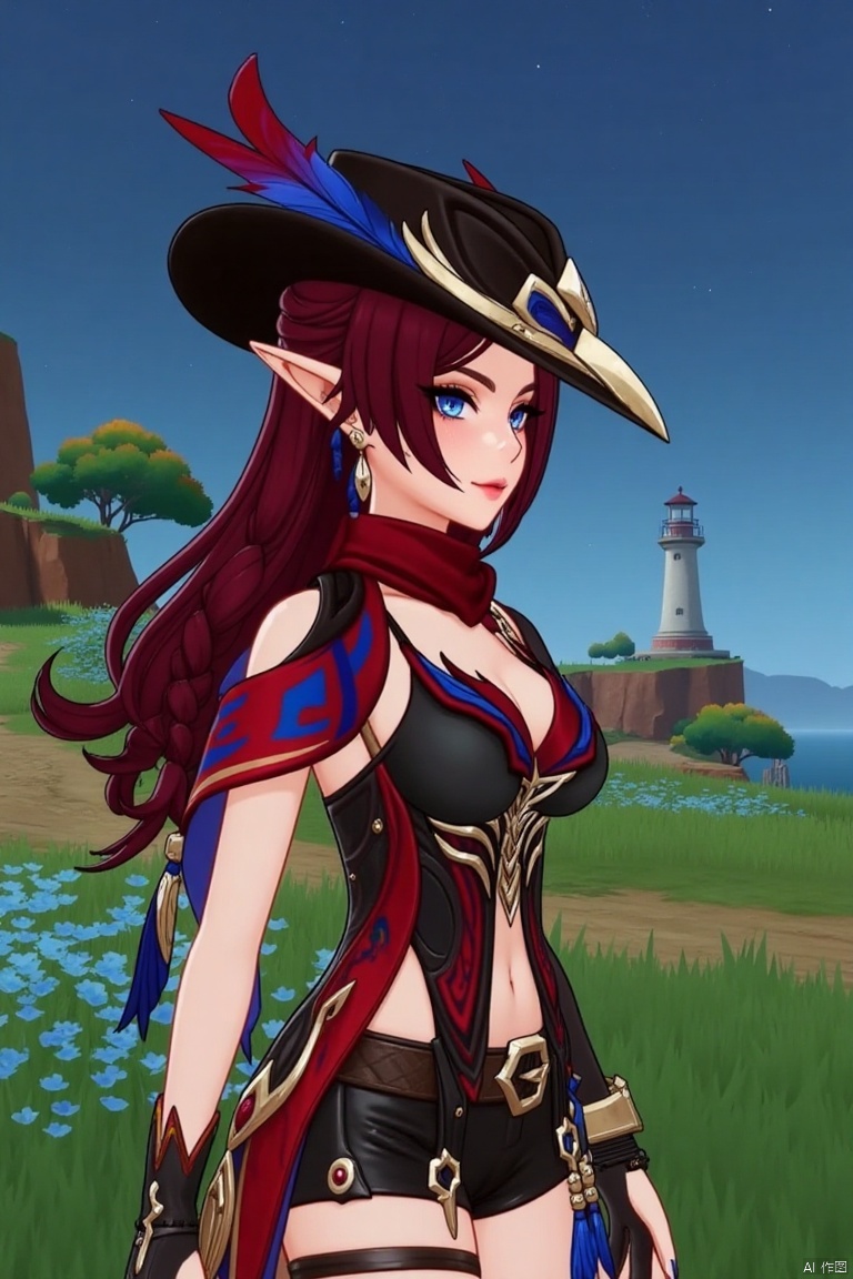 A beautiful female elf with long, wavy maroon hair tied in a braid, wearing a stylish black hat adorned with blue and red feathers, a red scarf, and a revealing, intricately designed black and red outfit with blue accents. She stands confidently in a pastoral scene with green grass, blooming plants, and a distant lighthouse against a starry night sky.