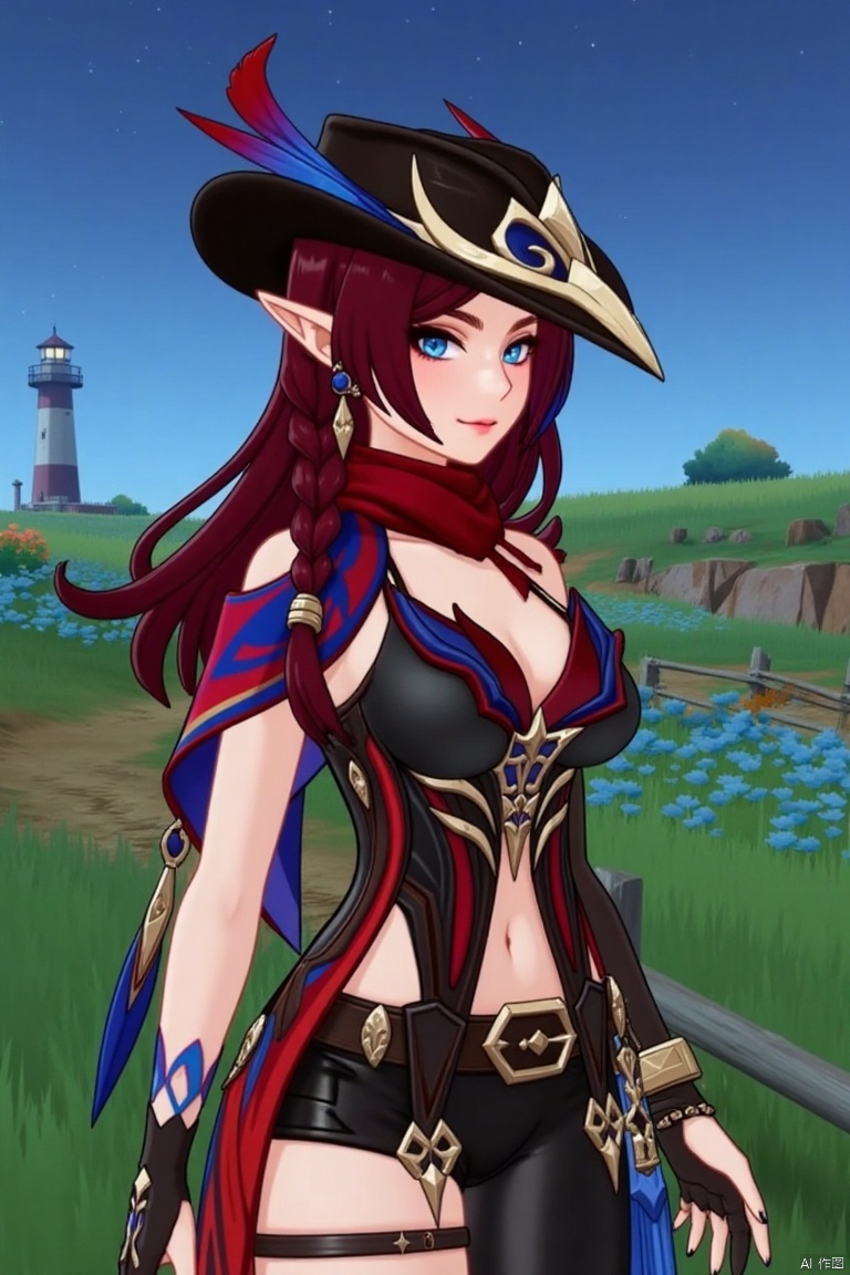 A beautiful female elf with long, wavy maroon hair tied in a braid, wearing a stylish black hat adorned with blue and red feathers, a red scarf, and a revealing, intricately designed black and red outfit with blue accents. She stands confidently in a pastoral scene with green grass, blooming plants, and a distant lighthouse against a starry night sky.