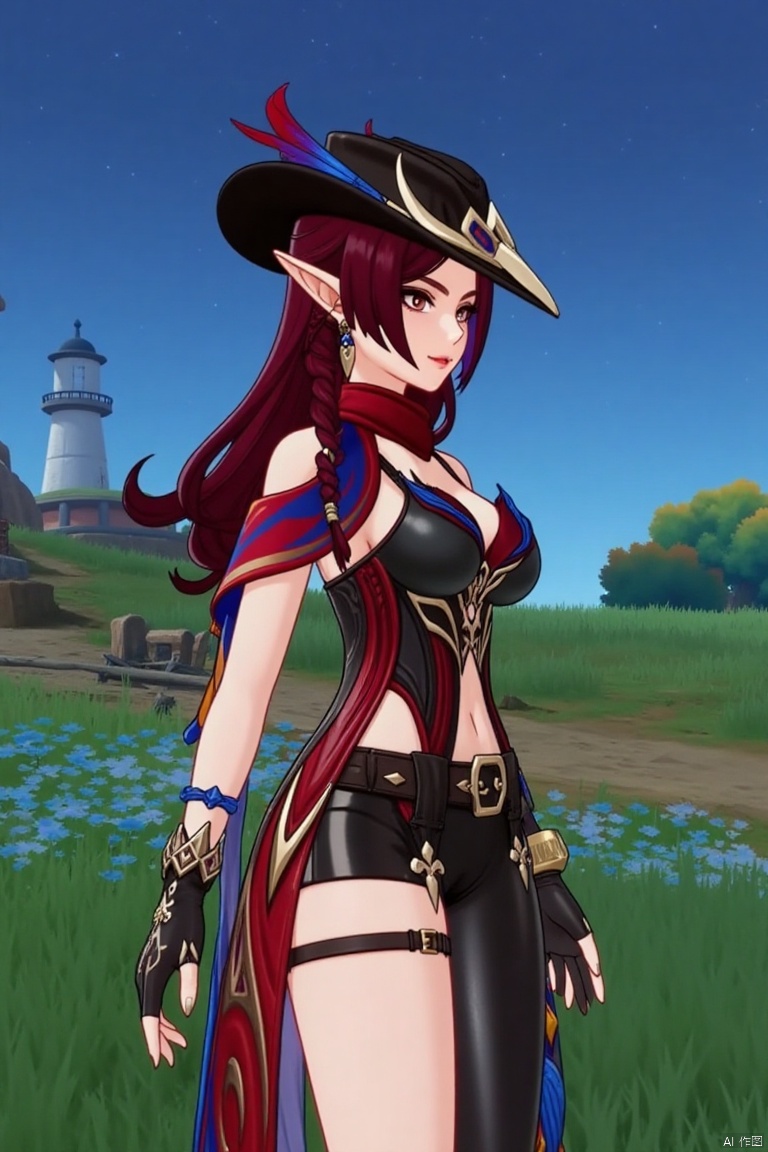 A beautiful female elf with long, wavy maroon hair tied in a braid, wearing a stylish black hat with blue and red feathers, a red scarf, and a revealing, intricately designed black and red outfit with blue accents. She stands confidently in front of a pastoral scene with green grass, blooming plants, and a distant lighthouse against a starry night sky. The text theme AGlong appears at the bottom of the screen.