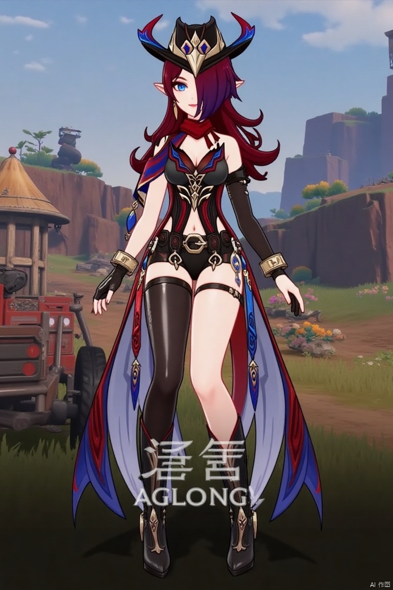1girl, solo, long hair, breasts, looking at viewer, smile, blue eyes, thighhighs, gloves, hat, cleavage, jewelry, medium breasts, sitting, full body, red hair, earrings, boots, pointy ears, black gloves, fingerless gloves, black footwear, character name, high heels, official alternate costume, clothing cutout, crossed legs, ground vehicle, single thighhigh, motor vehicle, high heel boots, asymmetrical legwear, one eye covered, chinese text, asymmetrical clothes.qsk,The text "AGlong" is in the middle below the poster