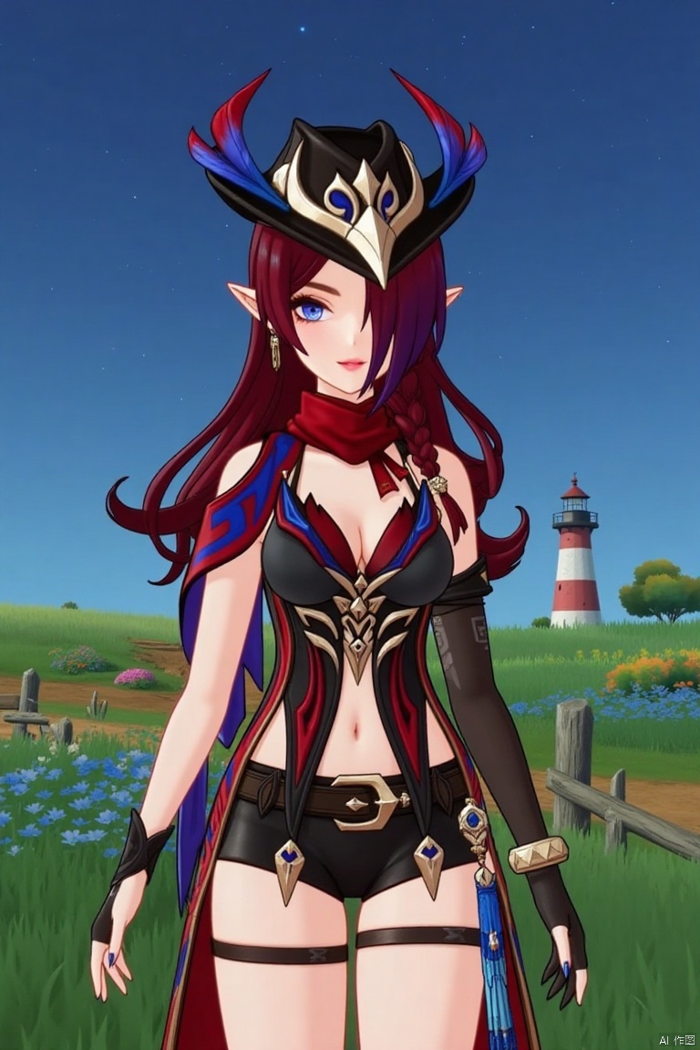 A beautiful female elf with long, wavy maroon hair tied in a braid, wearing a stylish black hat with blue and red feathers, a red scarf, and a revealing, intricately designed black and red outfit with blue accents. She stands confidently in front of a pastoral scene with green grass, blooming plants, and a distant lighthouse against a starry night sky. The text theme AGlong appears at the bottom of the screen.