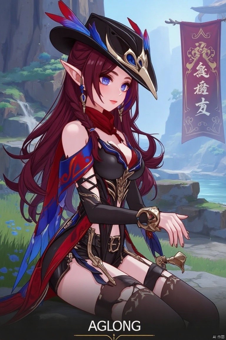 Anime style,1girl, solo, long hair,A beautiful female elf with long, wavy maroon hair tied in a braid, wearing a stylish black hat with blue and red feathers, a red scarf, and a revealing, intricately - designed black and red outfit with blue accents. (一位美丽的女性精灵,有着长长的、波浪状的栗色头发编成辫子,戴着一顶有蓝红羽毛装饰的时尚黑帽,围着红色围巾,穿着一套露肤且设计复杂的黑红相间并带有蓝色点缀的服装。)Sitting on a stone,qsk,The text "AGlong" is in the middle below the poster,Noyu,幻彩光影特效2.5D-Flux, colorful