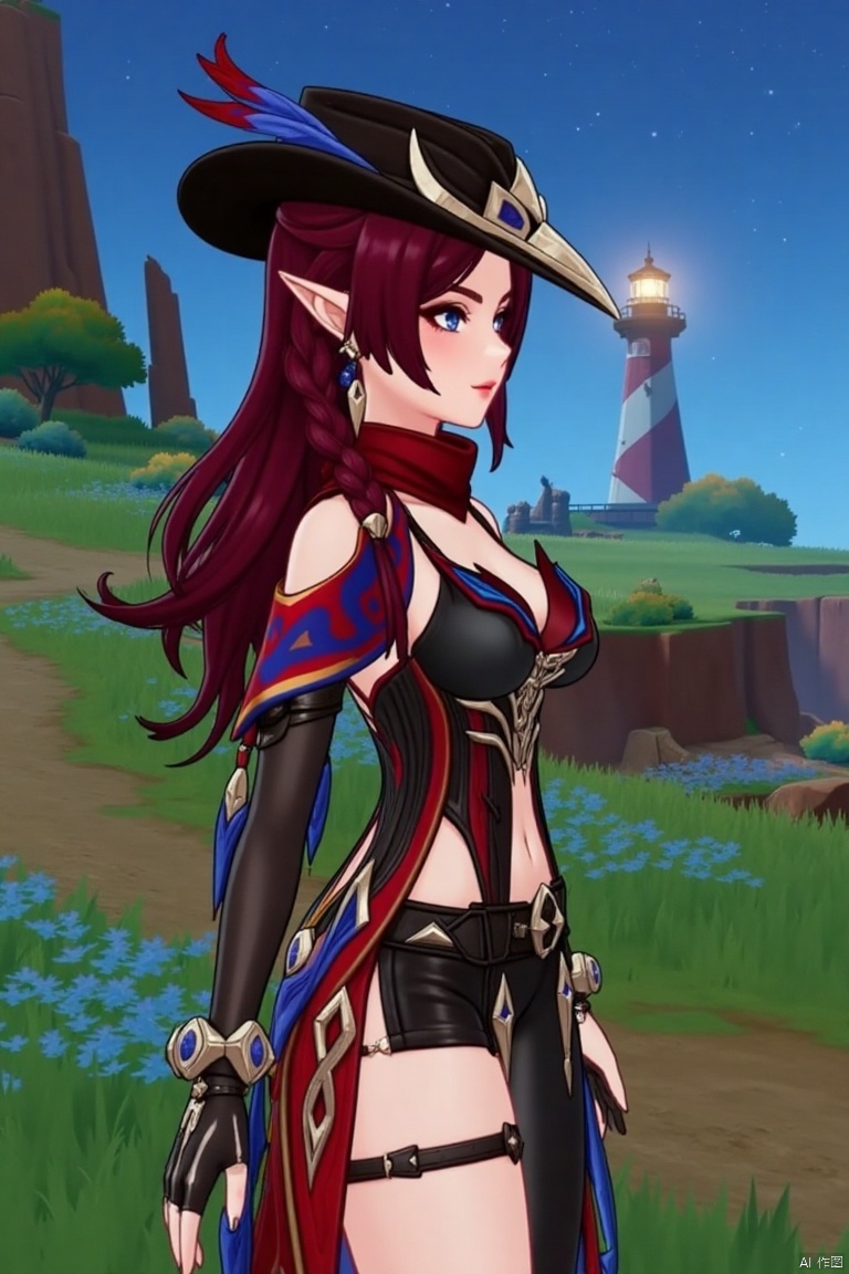 A beautiful female elf with long, wavy maroon hair tied in a braid, wearing a stylish black hat adorned with blue and red feathers, a red scarf, and a revealing, intricately designed black and red outfit with blue accents. She stands confidently in a pastoral scene with green grass, blooming plants, and a distant lighthouse against a starry night sky.