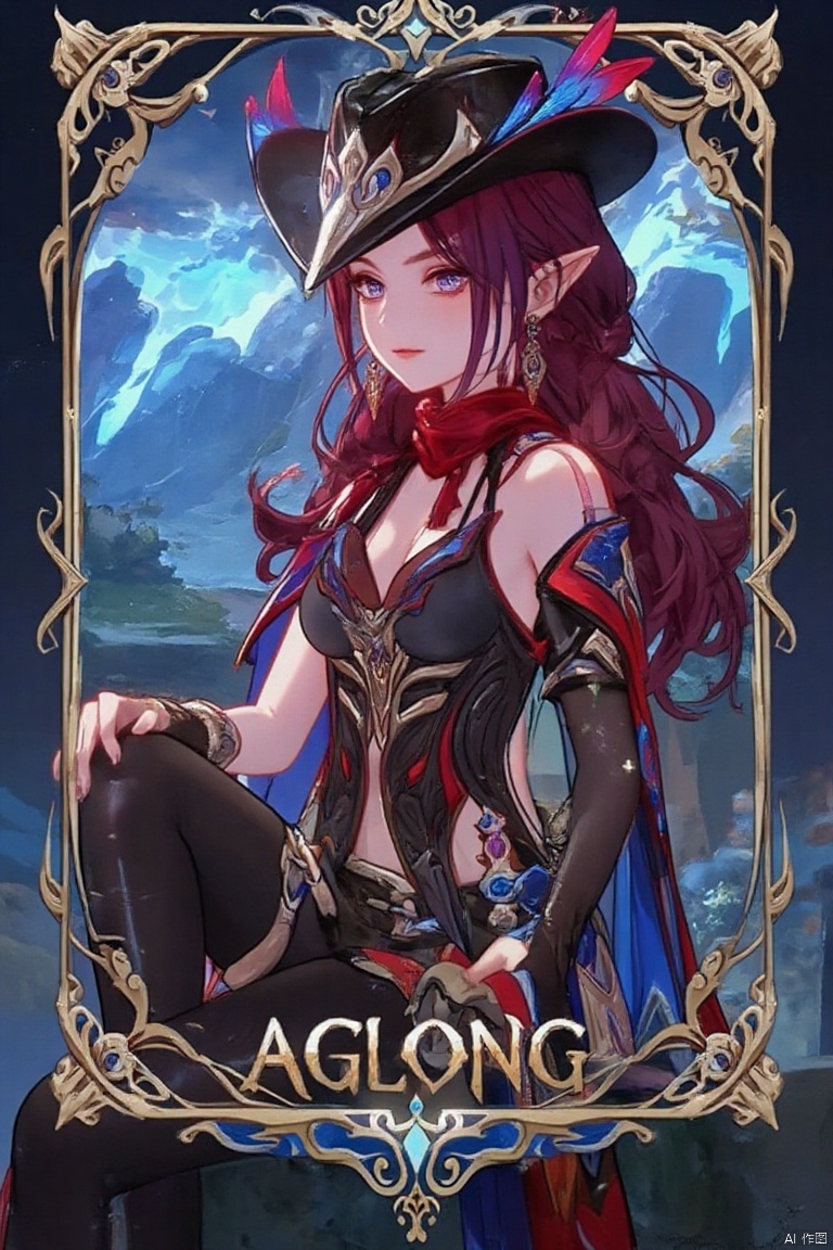 Anime style,1girl, solo, long hair,A beautiful female elf with long, wavy maroon hair tied in a braid, wearing a stylish black hat with blue and red feathers, a red scarf, and a revealing, intricately - designed black and red outfit with blue accents. (一位美丽的女性精灵,有着长长的、波浪状的栗色头发编成辫子,戴着一顶有蓝红羽毛装饰的时尚黑帽,围着红色围巾,穿着一套露肤且设计复杂的黑红相间并带有蓝色点缀的服装。)Sitting on a stone,qsk,The text "AGlong" is in the middle below the poster,Noyu,幻彩光影特效2.5D-Flux, colorful