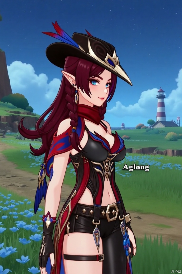 A beautiful female elf with long, wavy maroon hair tied in a braid, wearing a stylish black hat with blue and red feathers, a red scarf, and a revealing, intricately - designed black and red outfit with blue accents. She stands in front of a pastoral scene with green grass, blooming plants, and a distant lighthouse against a starry night sky. (一位美丽的女性精灵,有着长长的、波浪状的栗色头发编成辫子,戴着一顶有蓝红羽毛装饰的时尚黑帽,围着红色围巾,穿着一套露肤且设计复杂的黑红相间并带有蓝色点缀的服装。她站在一幅田园风光前,绿草如茵,繁花盛开,远处有一座灯塔,背景是繁星点点的夜空。)qsk,The text "AGlong" is in the middle below the poster