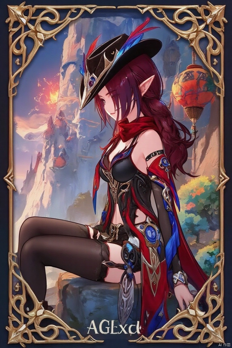 Anime style,1girl, solo, long hair,A beautiful female elf with long, wavy maroon hair tied in a braid, wearing a stylish black hat with blue and red feathers, a red scarf, and a revealing, intricately - designed black and red outfit with blue accents. (一位美丽的女性精灵,有着长长的、波浪状的栗色头发编成辫子,戴着一顶有蓝红羽毛装饰的时尚黑帽,围着红色围巾,穿着一套露肤且设计复杂的黑红相间并带有蓝色点缀的服装。)Sitting on a stone,qsk,The text "AGlong" is in the middle below the poster,Noyu,幻彩光影特效2.5D-Flux, colorful