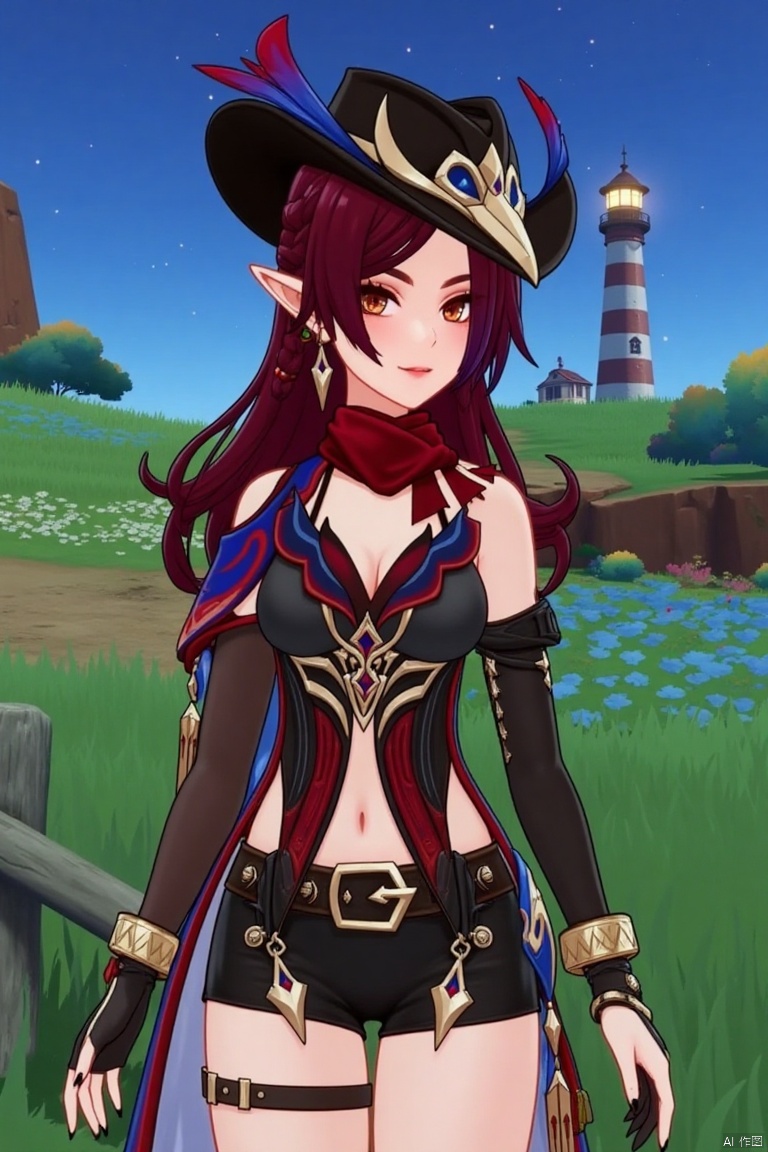 A beautiful female elf with long, wavy maroon hair tied in a braid, wearing a stylish black hat with blue and red feathers, a red scarf, and a revealing, intricately designed black and red outfit with blue accents. She stands confidently in front of a pastoral scene with green grass, blooming plants, and a distant lighthouse against a starry night sky. The text theme AGlong appears at the bottom of the screen.
