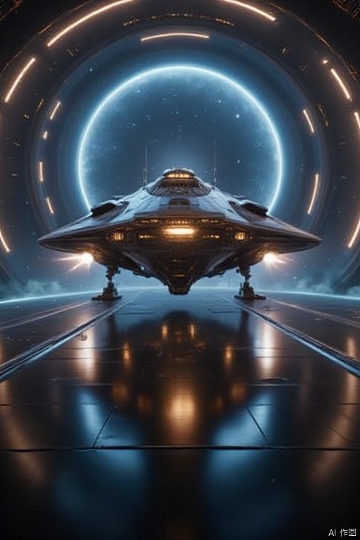  craft,a space shuttle is seen in the middle of the frame. The shuttle is surrounded by a circular ring of light,creating a stark contrast against the dark background. The space shuttle's reflection can be seen on the ground below it