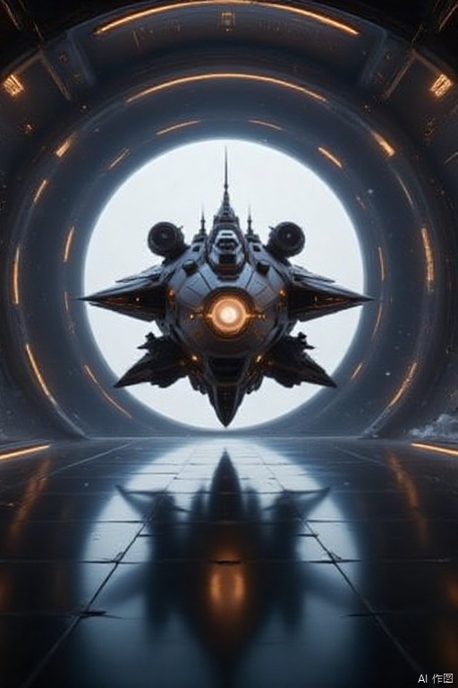  craft,a space shuttle is seen in the middle of the frame. The shuttle is surrounded by a circular ring of light,creating a stark contrast against the dark background. The space shuttle's reflection can be seen on the ground below it