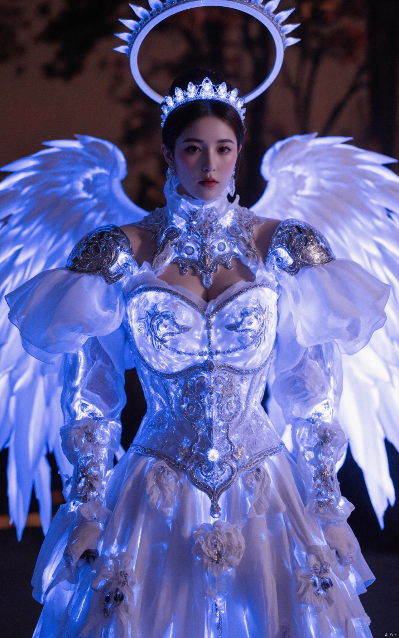 a stunning young woman, angel halo,(paladin:1.2)|(golem light),(fire-shaped puppet set wedding_armour),(Gorgeous sacred white glowing pattern:1.3),Fantasy visual effects,dark forest,curvy,(bioluminescence:1.3),(smile:0.8),Shawls, necklaces, sleeves, gloves,Tiara, flower crown, curtain, hair accessories, earrings ,hole temple,(complex carving armour:1.2),Phosphorescent\(hubgstyle)\