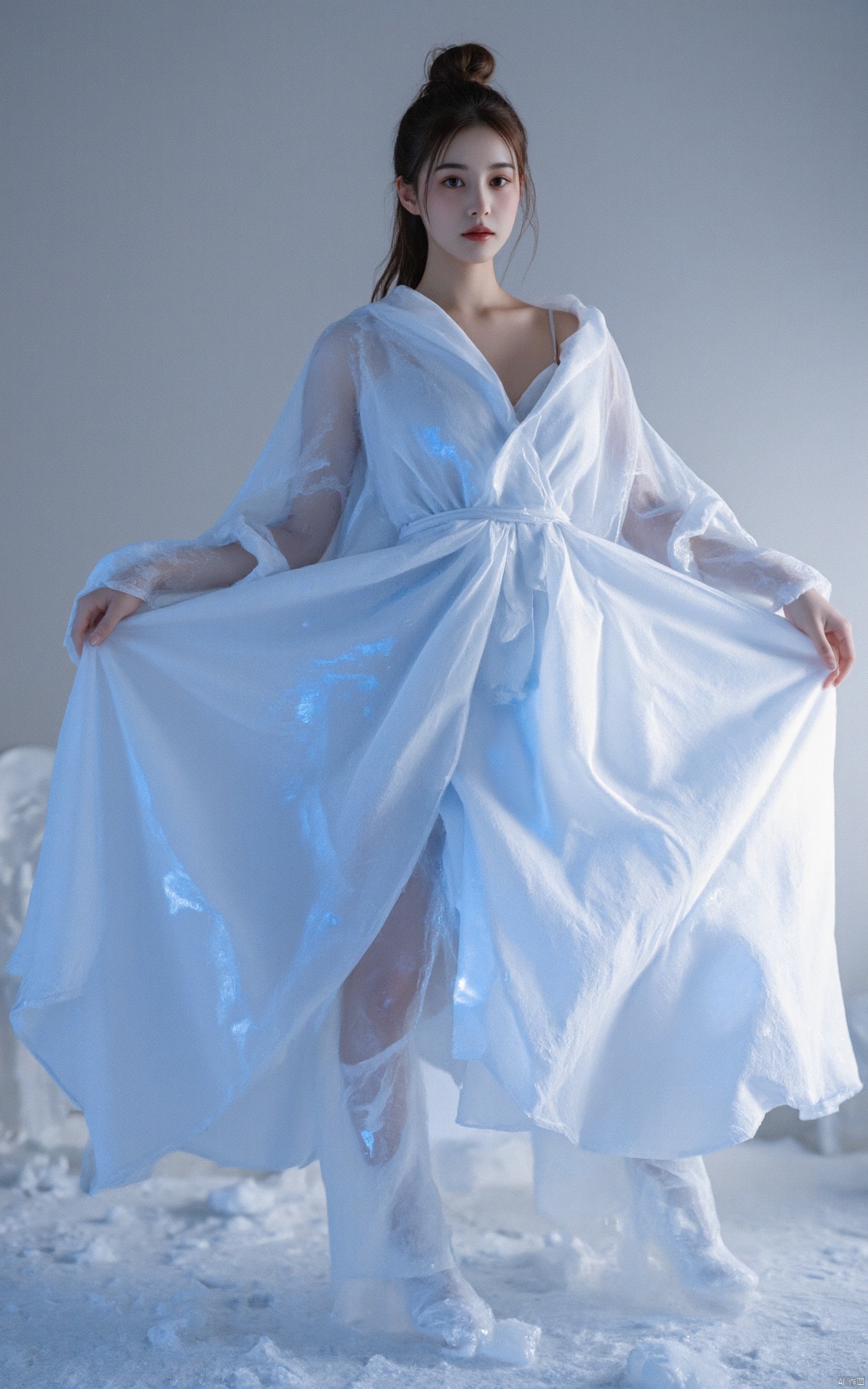 A photograph of beautiful women, (super realistic, best quality:1.25), depth, cinematic light, 
BREAK

ice and crystal statues, a girl made of ice, standing on the ground, gray background cloak fluttering, hands on hips, face turned to the side, looking out of the picture, smooth surface, frosty texture, detailed cloak, clear muscles expression, strong jawline, beautiful eye details, beautiful lip details, extremely detailed eyes and face, long lashes, clear details, clear focus studio lights, physics rendering, extreme detail description, professional, vivid colors, cool tones, soft shadows, prominent edges, ice sculpture, art, hero pose, comic book style, art, sculpture, transparent, shining, reflection, icy atmosphere, subtle gradients, high contrast smooth transition,
BREAK
perfect light, vibrant colors, intricate details, highly detailed skin, 
photorealistic, raw, analog,  taken by Sony Alpha 7R IV, Zeiss Otus 85mm F1.4, ISO 100 Shutter Speed 1/400, Vivid picture, intricate background,