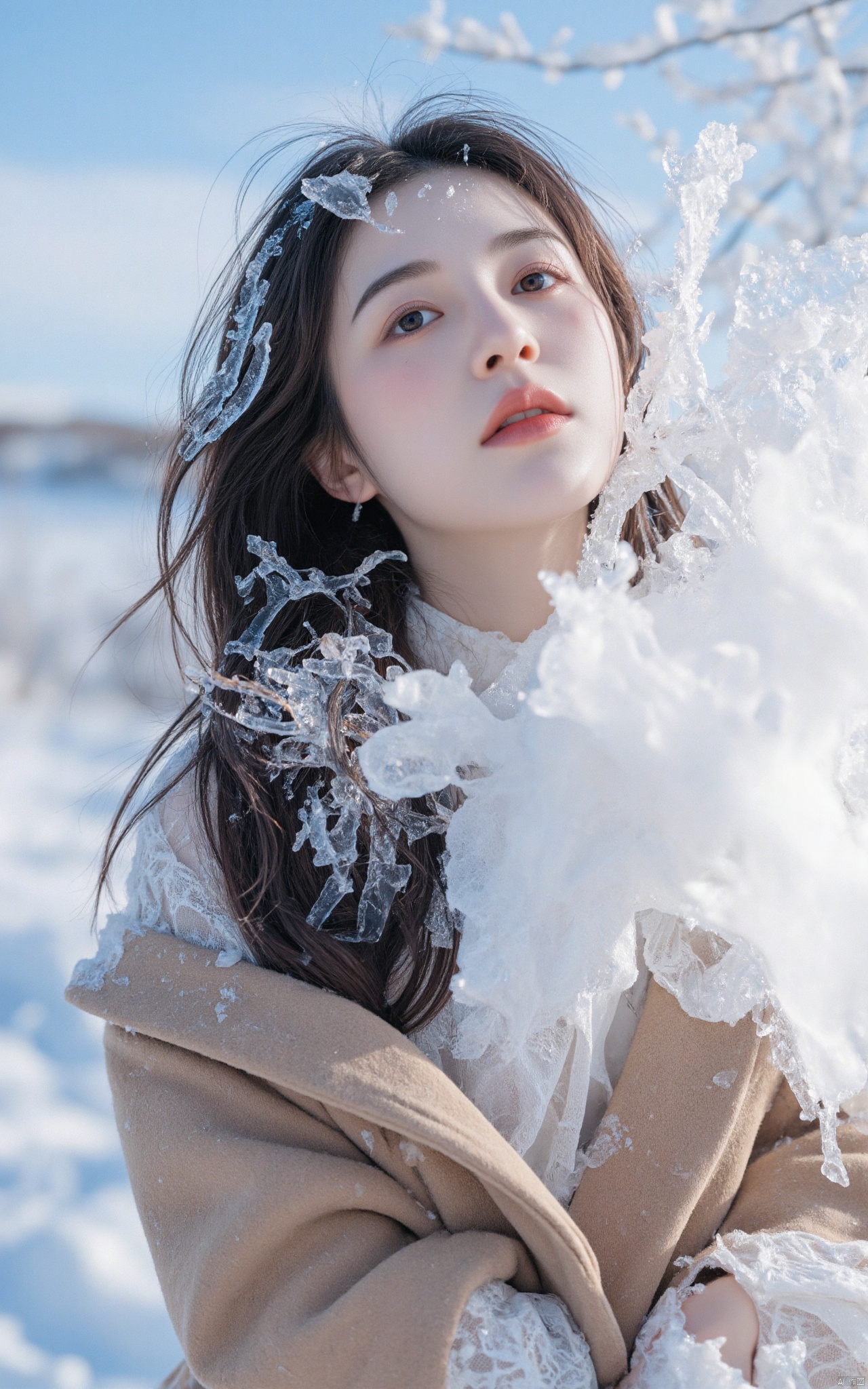 A ethereal winter portrait of a young Asian woman covered in delicate rime ice crystals, set in a snow-covered landscape.

Subject details:
- Long flowing black hair with windswept styling
- Pale, luminous skin with frost-like highlights
- Coral-tinted lips with crystalline frost effect
- Upward gazing pose with dreamy expression
- Brown duffle coat with white lace inner layer
- Delicate rime ice crystals forming patterns on skin and clothing

Winter environment:
- Pure white snow-covered field
- Crisp, bright blue winter sky
- Scattered ice-covered branches
- Crystalline snow particles in the air
- Soft winter sunlight
- Misty breath in cold air

Rime ice effects:
- Intricate frost patterns on clothing
- Delicate ice crystals forming on eyelashes
- Glittering ice formations in hair
- Crystalline structures on coat fabric
- Frozen dew drops on skin
- Ethereal ice halo effect

Lighting:
- Bright, clear winter sunlight
- Ice crystal light refractions
- Cool blue ambient light
- Soft rim lighting from sky
- Sparkles from ice crystals
- Translucent ice glow effects

Technical aspects:
- Sharp focus on ice details
- Soft ethereal atmosphere
- High key lighting
- Crystal clear resolution
- Magical winter mood
- Dreamy color grading

Color palette:
- Pure white snow
- Deep azure sky
- Rusty brown coat
- Ivory lace details
- Crystal clear ice
- Pale skin tones with frost

Additional elements:
- Swirling snow particles
- Ice-covered vegetation
- Frozen breath in air
- Glowing winter atmosphere
- Magical frost effects
- Ethereal winter wonderland feeling,HUBG_Dettail+
