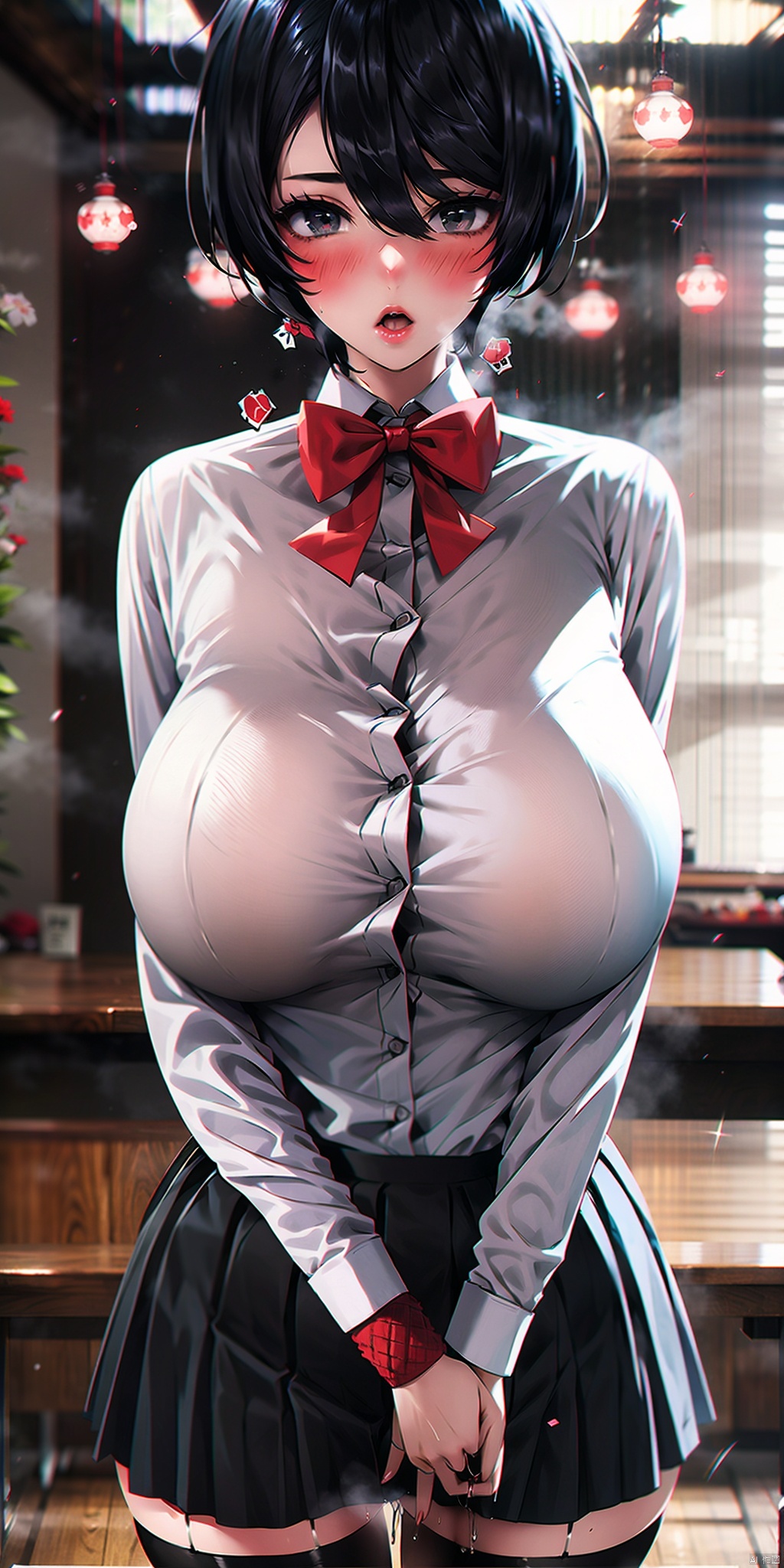 1girl solo breasts looking at viewer blush short hair open mouth bangs skirt large 
breasts shirt black hair thighhighs long sleeves bow school uniform standing white shirt  skirt collared shirt bowtie black skirt 
huge breasts black eyes red bow 
 red bowtie 
heavy breathing  fingering
female masturbation
shirt tucked in button gap
juice