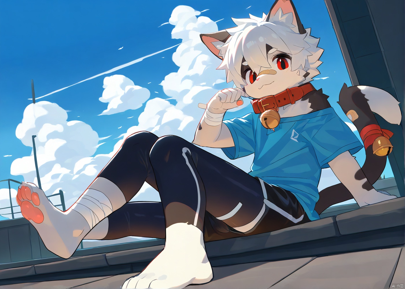 cat boy,1boy,solo,male_focus,(white_hair:0.8),red eyes,[bell on collar,Collar,Cortical collar,Large collar],(blue t-shirt,black_leggings under shorts,black bike_shorts),(barefoot) BREAK dutch angle,vanishing point,sitting on rooftop,(blue sky,cloud,wind),(masterpiece, best quality:1.1),foot focus,bandage on nose,bandage on leg,Tail decoration,cat tail,PVC Style,bare_shoulder,body fur,furry