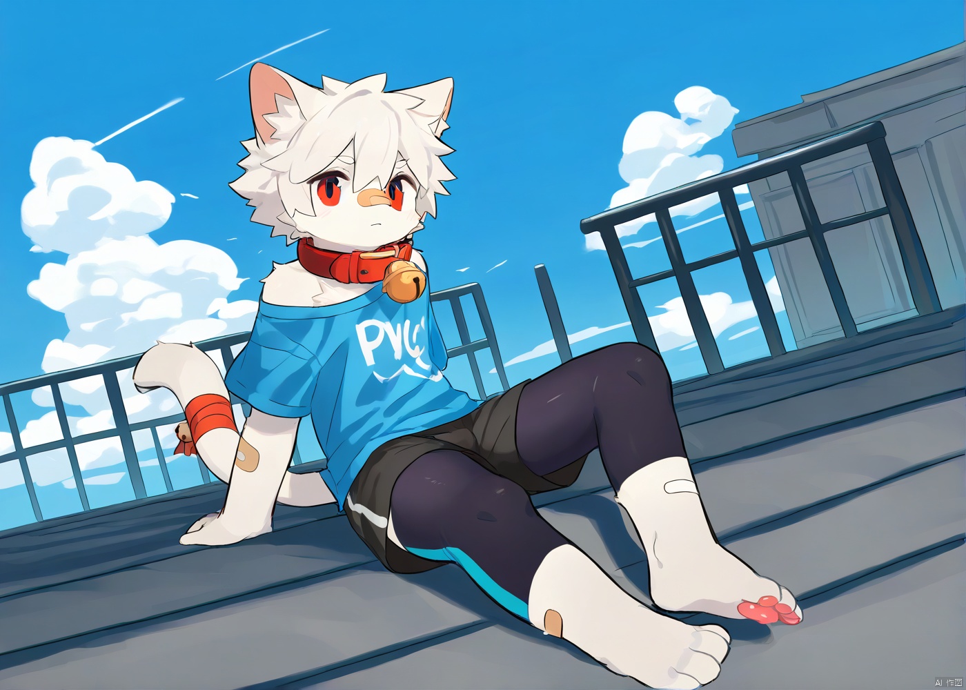 cat boy,1boy,solo,male_focus,(white_hair:0.8),red eyes,[bell on collar,Collar,Cortical collar,Large collar],(blue t-shirt,black_leggings under shorts,black bike_shorts),(barefoot) BREAK dutch angle,vanishing point,sitting on rooftop,(blue sky,cloud,wind),(masterpiece, best quality:1.1),foot focus,bandage on nose,bandage on leg,Tail decoration,cat tail,PVC Style,bare_shoulder,body fur,furry,Akira