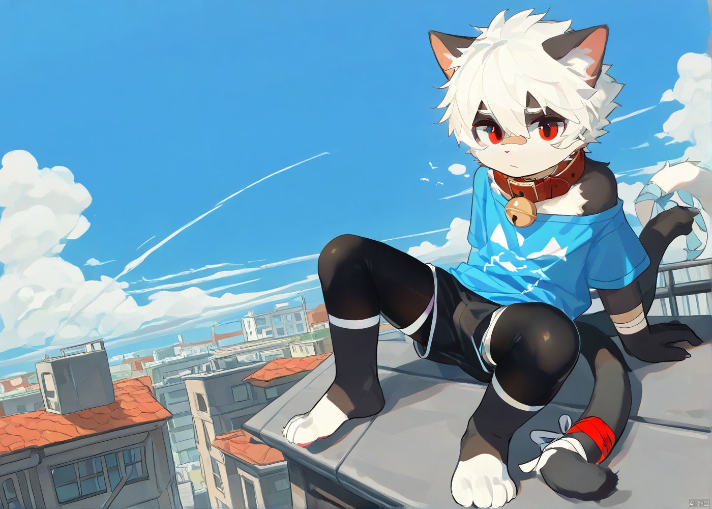cat boy,1boy,solo,male_focus,(white_hair:0.8),red eyes,[bell on collar,Collar,Cortical collar,Large collar],(blue t-shirt,black_leggings under shorts,black bike_shorts),(barefoot) BREAK dutch angle,vanishing point,sitting on rooftop,(blue sky,cloud,wind),(masterpiece, best quality:1.1),foot focus,bandage on nose,bandage on leg,Tail decoration,cat tail,PVC Style,bare_shoulder,body fur,furry,Akira