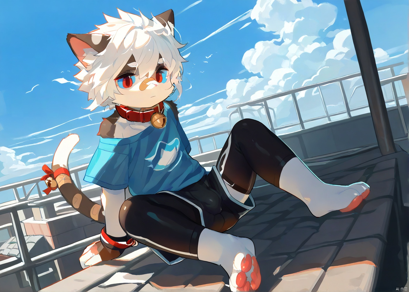 cat boy,1boy,solo,male_focus,(white_hair:0.8),red eyes,[bell on collar,Collar,Cortical collar,Large collar],(blue t-shirt,black_leggings under shorts,black bike_shorts),(barefoot) BREAK dutch angle,vanishing point,sitting on rooftop,(blue sky,cloud,wind),(masterpiece, best quality:1.1),foot focus,bandage on nose,bandage on leg,Tail decoration,cat tail,PVC Style,bare_shoulder,body fur,furry,Akira