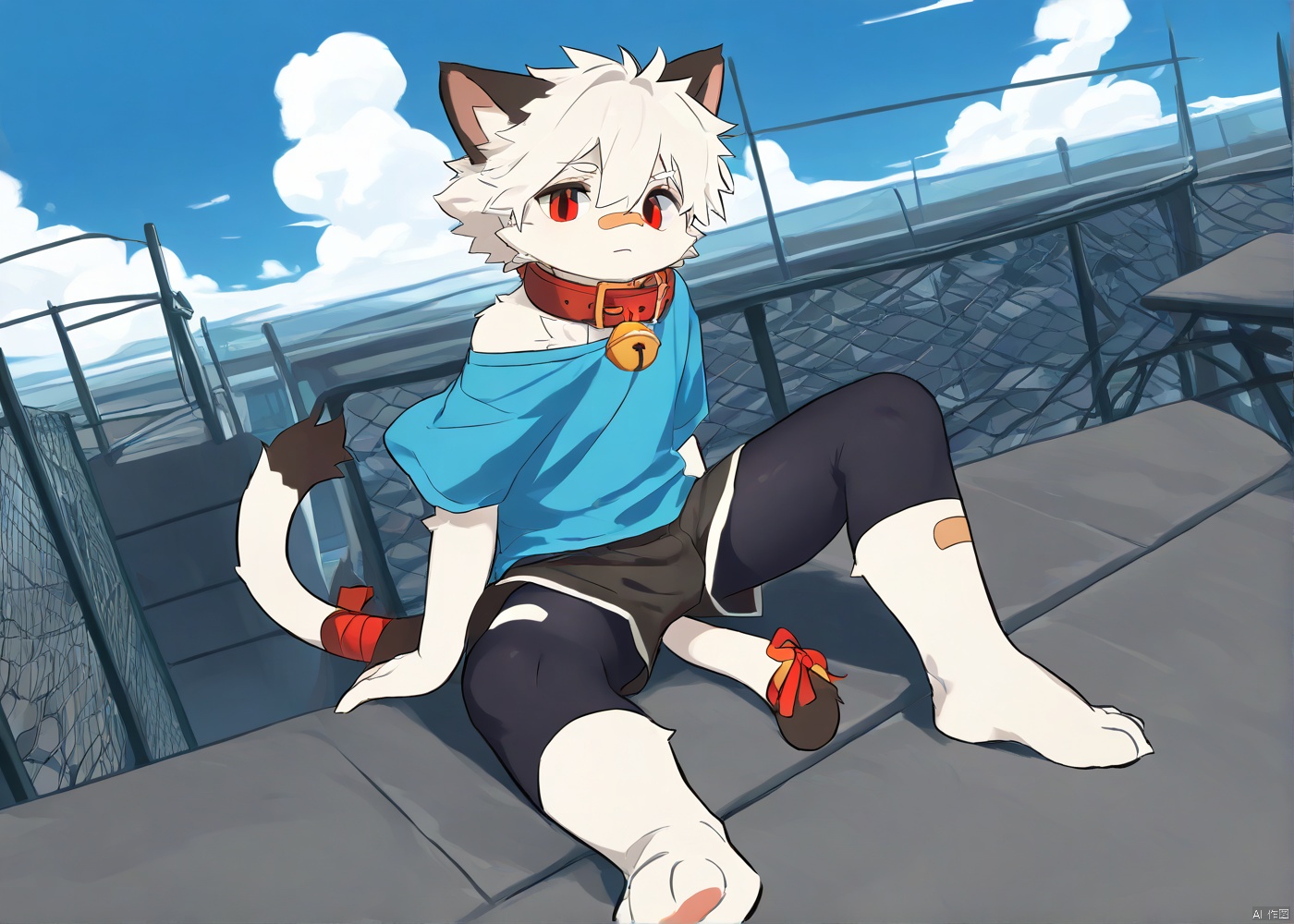 cat boy,1boy,solo,male_focus,(white_hair:0.8),red eyes,[bell on collar,Collar,Cortical collar,Large collar],(blue t-shirt,black_leggings under shorts,black bike_shorts),(barefoot) BREAK dutch angle,vanishing point,sitting on rooftop,(blue sky,cloud,wind),(masterpiece, best quality:1.1),foot focus,bandage on nose,bandage on leg,Tail decoration,cat tail,PVC Style,bare_shoulder,body fur,furry