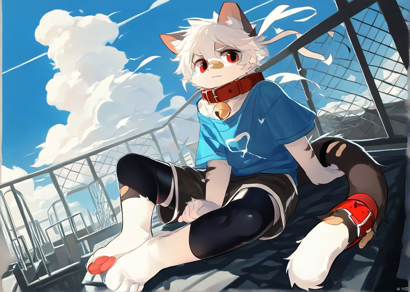cat boy,1boy,solo,male_focus,(white_hair:0.8),red eyes,[bell on collar,Collar,Cortical collar,Large collar],(blue t-shirt,black_leggings under shorts,black bike_shorts),(barefoot) BREAK dutch angle,vanishing point,sitting on rooftop,(blue sky,cloud,wind),(masterpiece, best quality:1.1),foot focus,bandage on nose,bandage on leg,Tail decoration,cat tail,PVC Style,bare_shoulder,body fur,furry,Akira