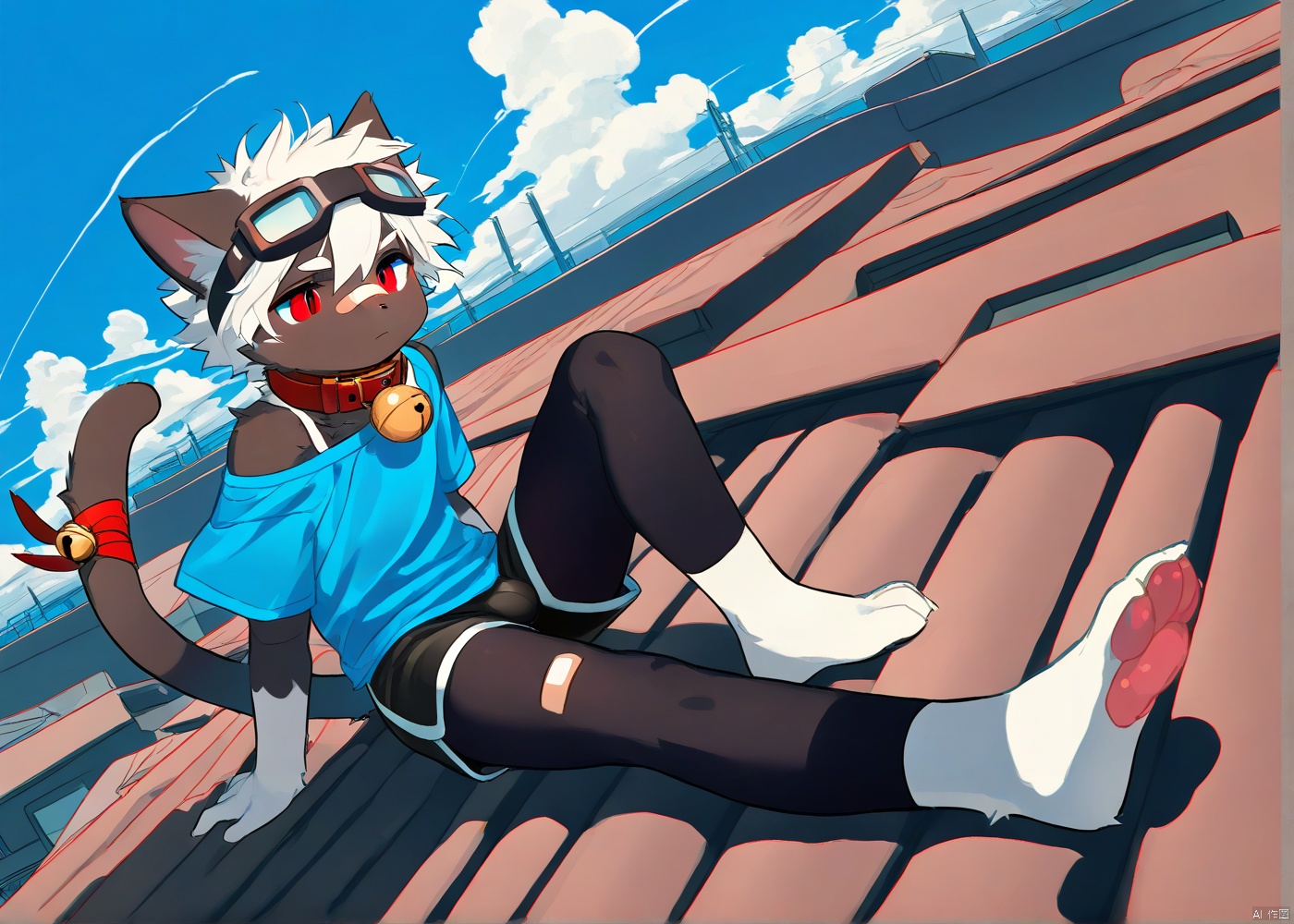 cat boy,1boy,solo,male_focus,(white_hair:0.8),red eyes,[bell on collar,Collar,Cortical collar,Large collar],(blue t-shirt,black_leggings under shorts,black bike_shorts),(barefoot) BREAK dutch angle,vanishing point,sitting on rooftop,(blue sky,cloud,wind),(masterpiece, best quality:1.1),foot focus,bandage on nose,bandage on leg,Tail decoration,cat tail,PVC Style,bare_shoulder,body fur,furry,Akira