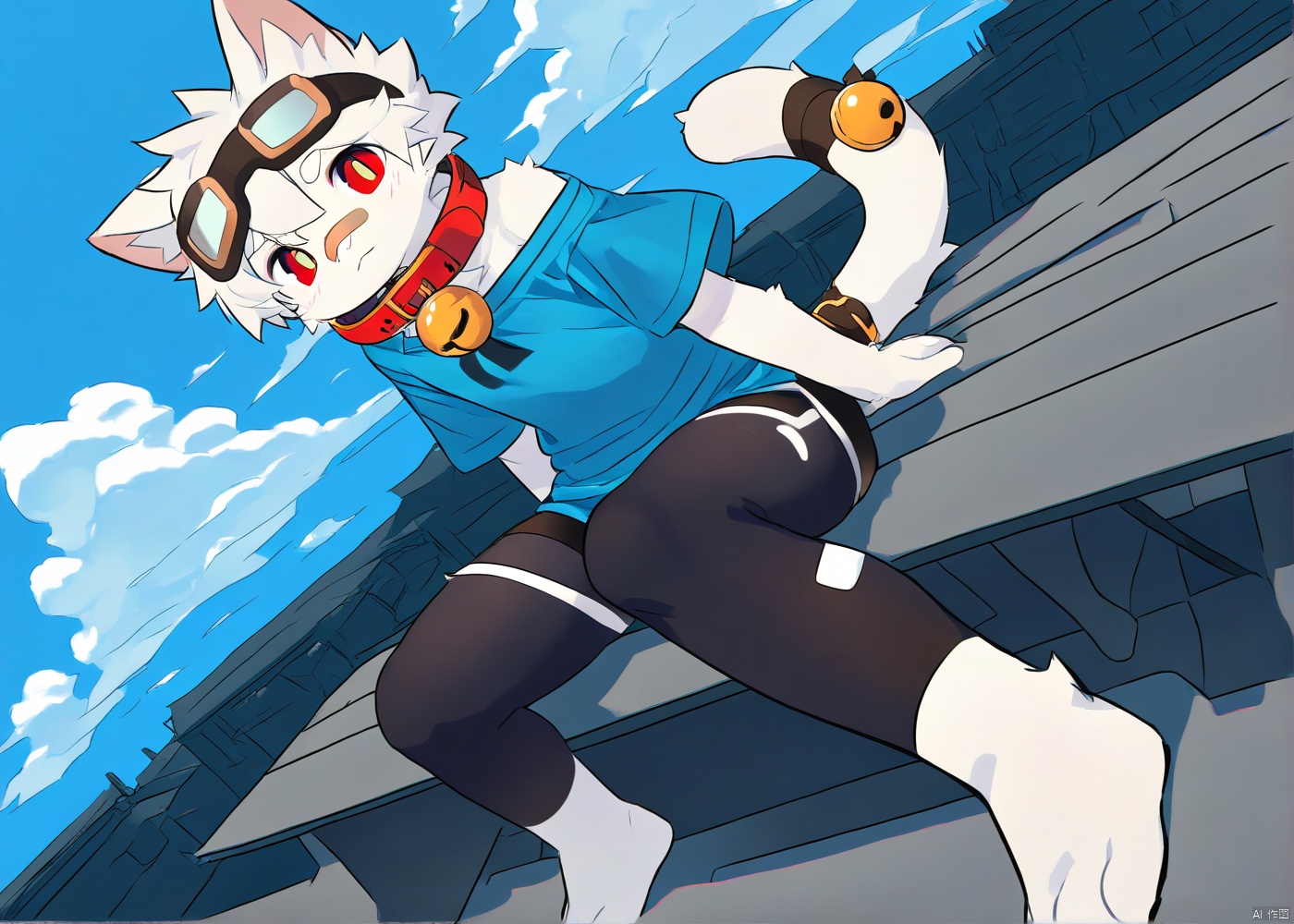 cat boy,1boy,solo,male_focus,(white_hair:0.8),red eyes,[bell on collar,Collar,Cortical collar,Large collar],(blue t-shirt,black_leggings under shorts,black bike_shorts),(barefoot) BREAK dutch angle,vanishing point,sitting on rooftop,(blue sky,cloud,wind),(masterpiece, best quality:1.1),foot focus,bandage on nose,bandage on leg,Tail decoration,cat tail,PVC Style,bare_shoulder,body fur,furry