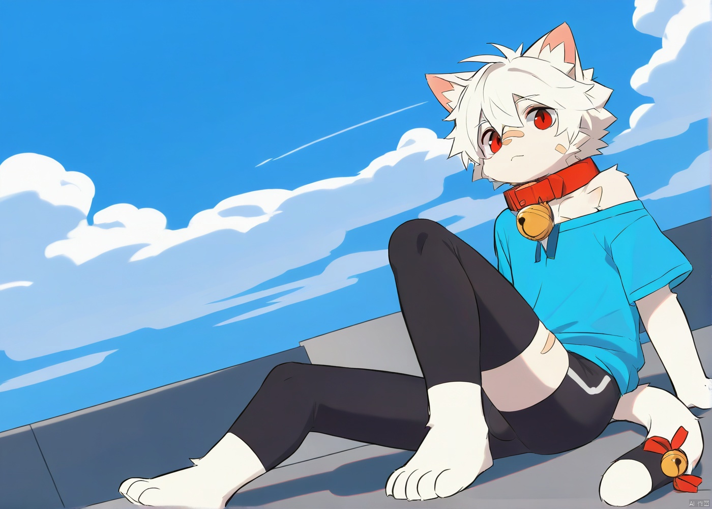 cat boy,1boy,solo,male_focus,(white_hair:0.8),red eyes,[bell on collar,Collar,Cortical collar,Large collar],(blue t-shirt,black_leggings under shorts,black bike_shorts),(barefoot) BREAK dutch angle,vanishing point,sitting on rooftop,(blue sky,cloud,wind),(masterpiece, best quality:1.1),foot focus,bandage on nose,bandage on leg,Tail decoration,cat tail,PVC Style,bare_shoulder,body fur,furry