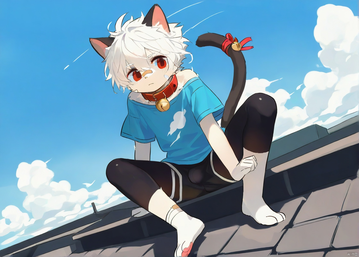 cat boy,1boy,solo,male_focus,(white_hair:0.8),red eyes,[bell on collar,Collar,Cortical collar,Large collar],(blue t-shirt,black_leggings under shorts,black bike_shorts),(barefoot) BREAK dutch angle,vanishing point,sitting on rooftop,(blue sky,cloud,wind),(masterpiece, best quality:1.1),foot focus,bandage on nose,bandage on leg,Tail decoration,cat tail,PVC Style,bare_shoulder,body fur,furry,Akira