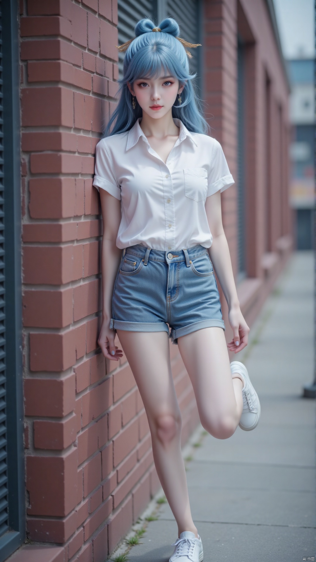 1 girl, single, mid chest, blue long hair. Hair accessories. (Long legs: 1.3). Full body, (white open collar button up shirt: 1.4). Short sleeve. (Denim shorts: 1.3). (White casual shoes: 1.2).
Her posture is very playful, with one leg slightly bent and leaning against the brick wall. The urban environment complements her avant-garde and feminine style, highlighting her youthful vitality and charming elegance. Composition from different angles.
Depth of field, ultra clear, ultra-high resolution, 8k, realism. Well structured, masterpiece, detail, texture, conceptual artwork, atmosphere, clear background, film lighting technology.