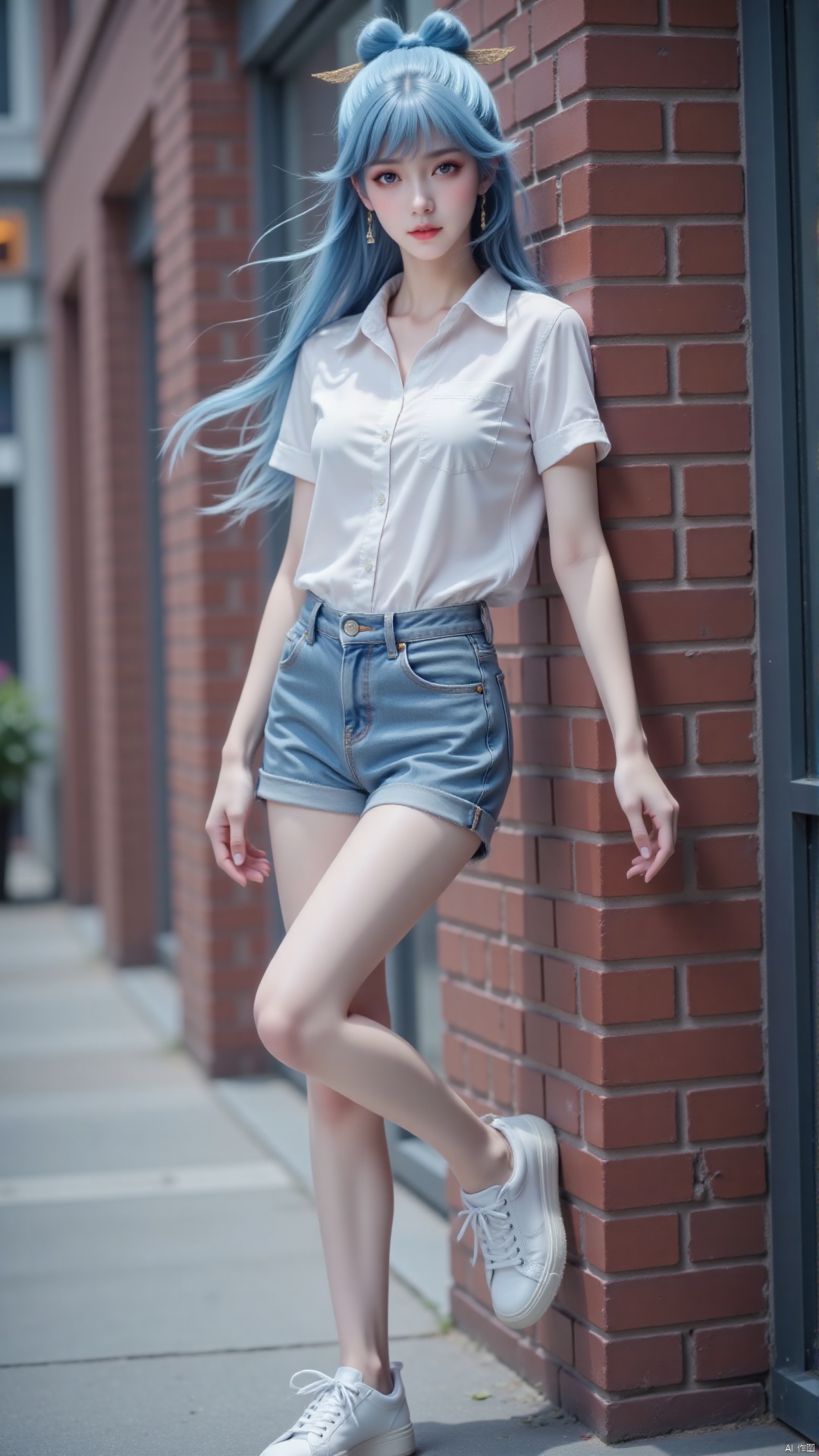 1 girl, single, mid chest, blue long hair. Hair accessories. (Long legs: 1.3). Full body, (white open collar button up shirt: 1.4). Short sleeve. (Denim shorts: 1.3). (White casual shoes: 1.2).
Her posture is very playful, with one leg slightly bent and leaning against the brick wall. The urban environment complements her avant-garde and feminine style, highlighting her youthful vitality and charming elegance. Composition from different angles.
Depth of field, ultra clear, ultra-high resolution, 8k, realism. Well structured, masterpiece, detail, texture, conceptual artwork, atmosphere, clear background, film lighting technology.