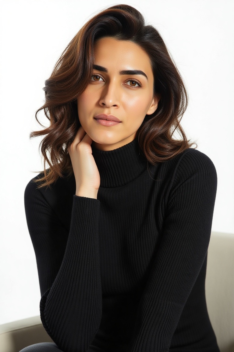 High quality realistic corporate shot of kritisflx,  a gorgeous woman,  stting and posing in a studio room. over head remb...