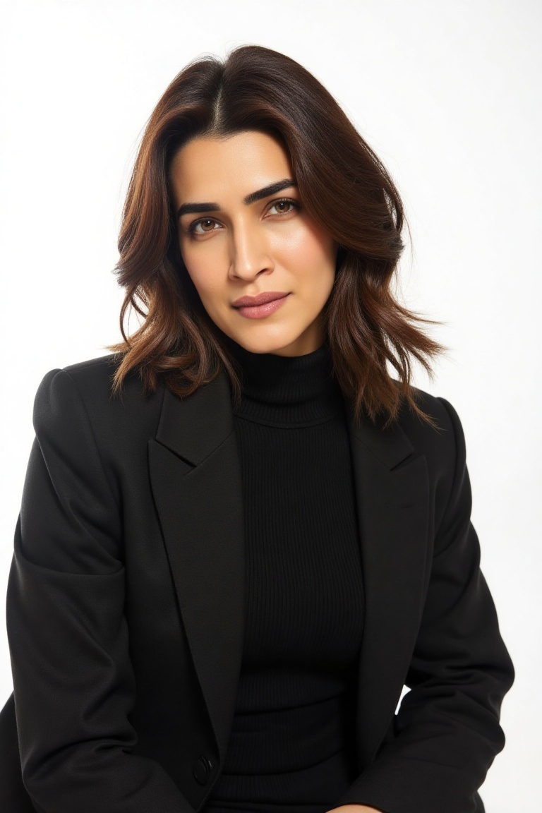 High quality realistic corporate shot of kritisflx,  a gorgeous woman,  stting and posing in a studio room. over head remb...