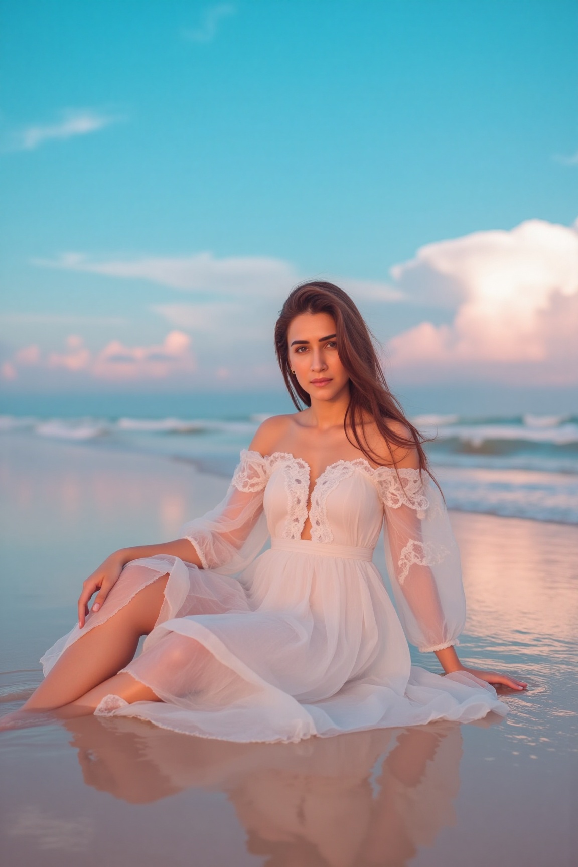 High resolution realistic photo of a woman is seated on a beautiful beach sands,  adorned with a cute white flowy dress. H...