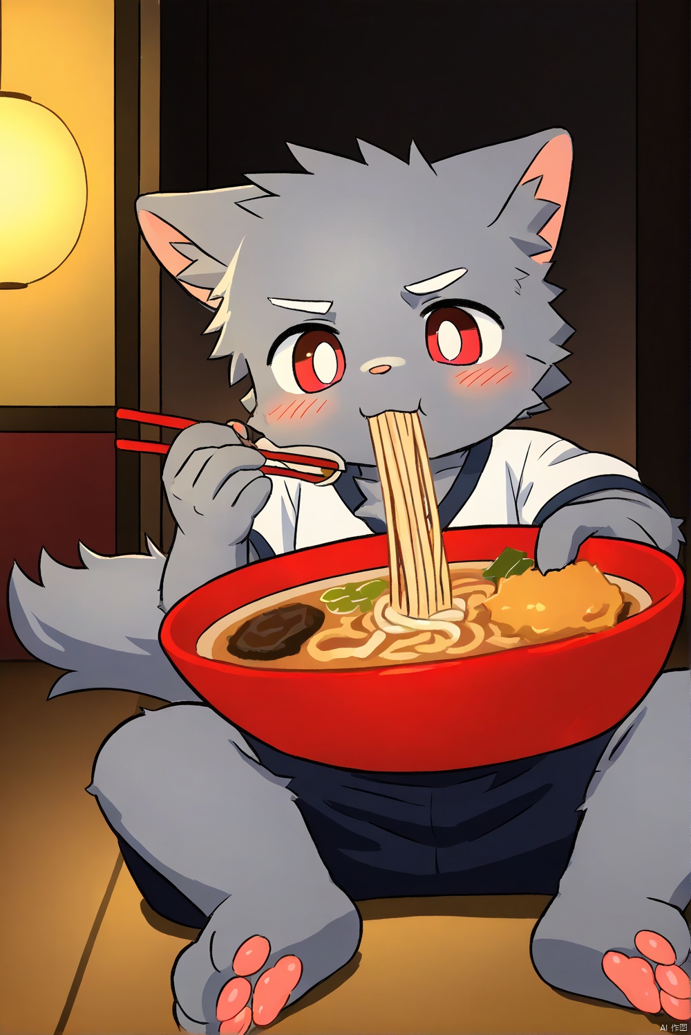 ultra detailed illustration in anime style of a cute fat cat eating ramen in a Japanese restaurant, grey fur, art by MSchiffer, extremely detailed, shota,body fur,anthro