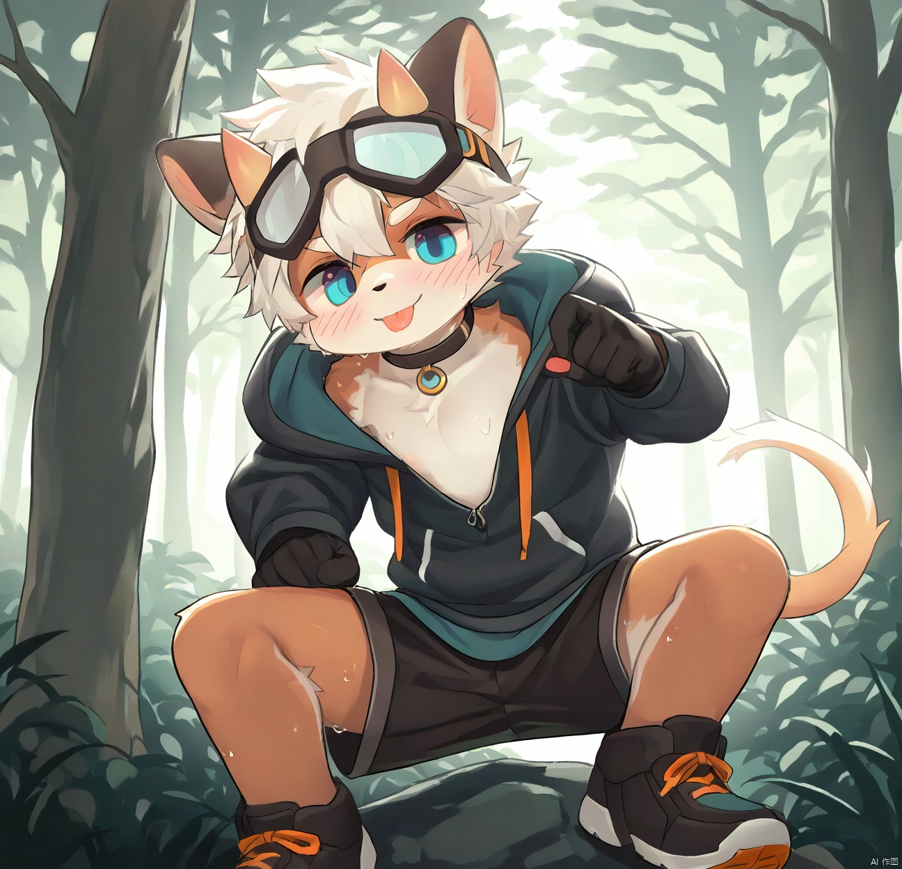 solo, looking at viewer, blush, short hair, blue eyes, gloves, 1boy, white hair, male focus, sweat, outdoors, horns, shorts, choker, tongue, black gloves, hood, tongue out, tree, hoodie, goggles, nature, forest, goggles on head, male child,body fur,furry